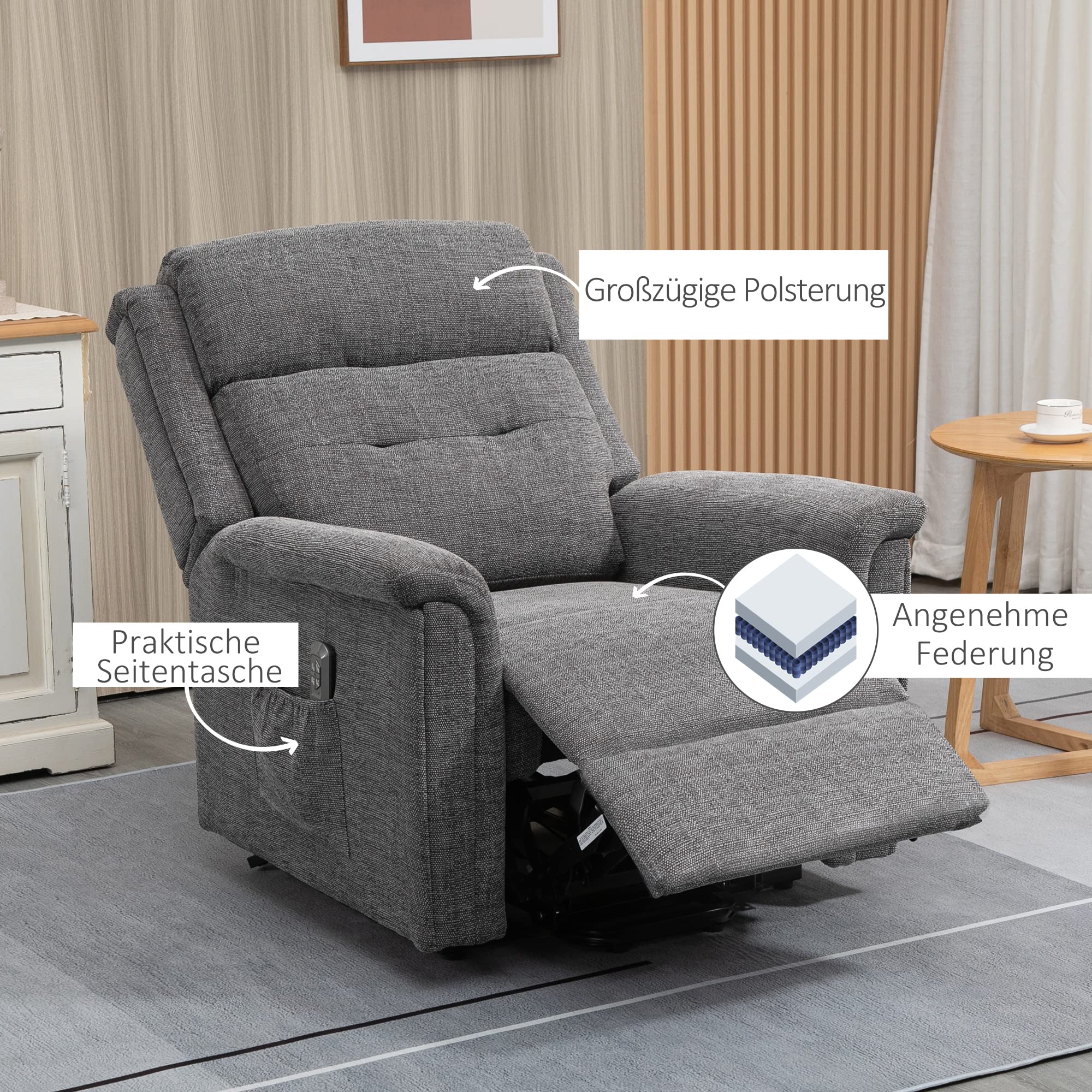 HOMCOM Fernsehsessel mit Aufstehhilfe Elektrisch Relaxsessel mit Liegefunktion, Fernbedienung 2 Motoren, TV-Sessel mit Seitentasche Leinen-Optik Seniorensessel Grau