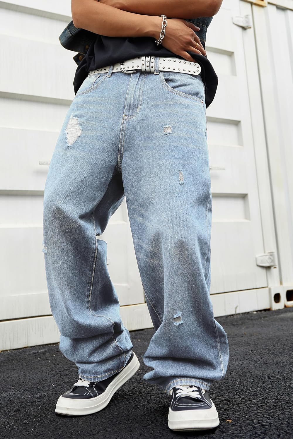 MZNBURAM Men's Y2K Ripped Wide Leg Baggy Jeans - Loose Fit Hip Hop Denim Pants Casual Streetwear Trousers image 3