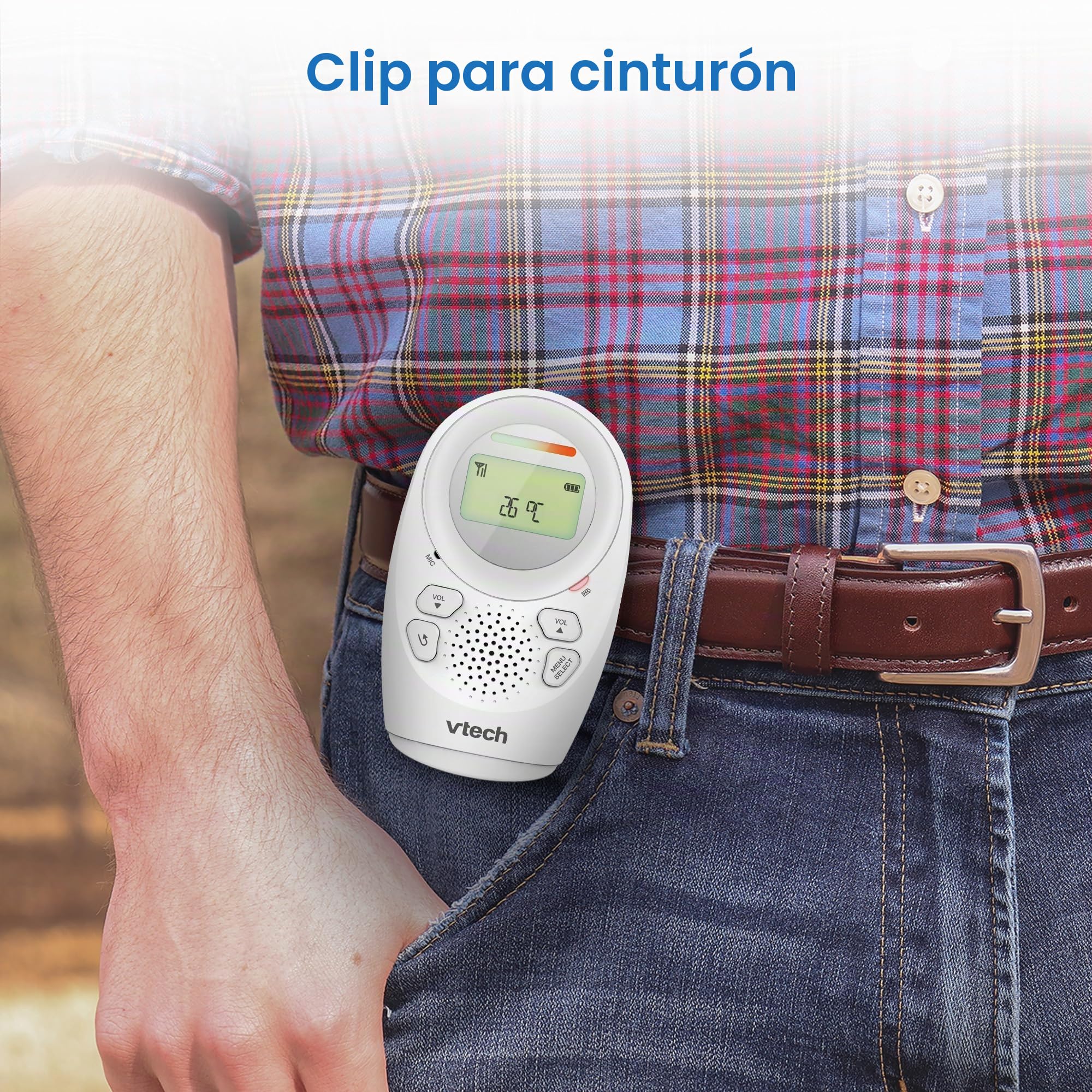 VTech DM1211 Monitor de Audio para bebé, Largo Alcance, Monitor de bebé con conversación bidireccional, Pantalla de Nivel de Ruido, Sensor de Temperatura, Sonidos relajantes, Clip para cinturón de