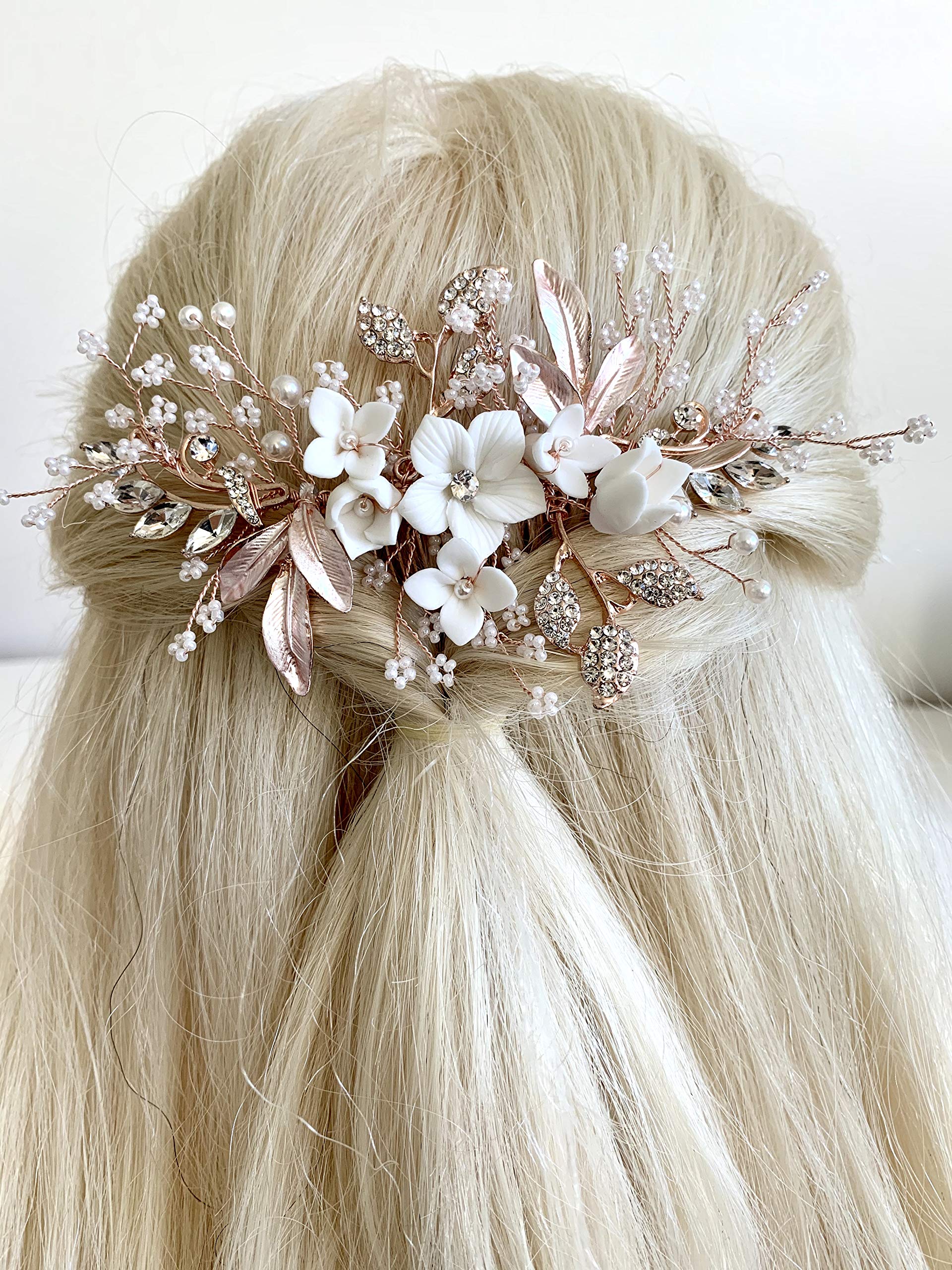 Rosegold Brauthaarschmuck Haarkamm – Handgefertigter 3D Blumen Haarschmuck mit Perlen & Strass – Leichter Haarkamm für Hochzeit Brautfrisur Festliche Anlässe