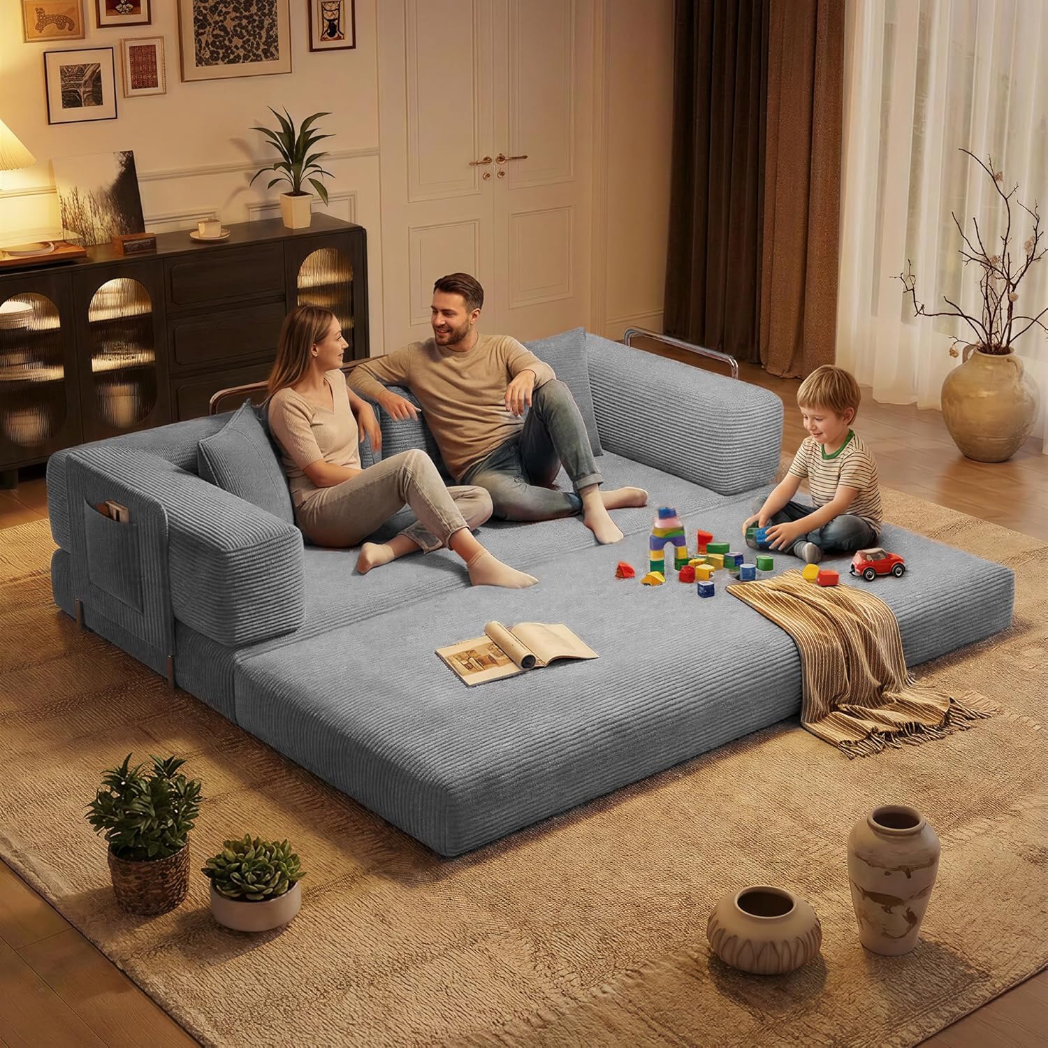 78.8’’ Boneless Sleeper Sofa Bed,Convertible Futon Couch with Storage Pocket and 2 Pillows,Modular Corduroy Sofa for livingroom,Small speace,Gray