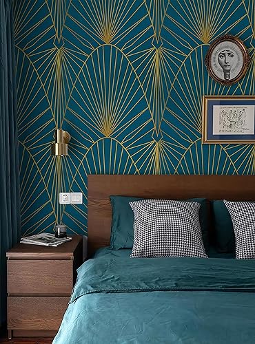 Miniatura 3 de Yasinet Papel tapiz azul para despegar y pegar, papel tapiz azul y dorado, papel de contacto geométrico moderno con rayas doradas, papel de pared