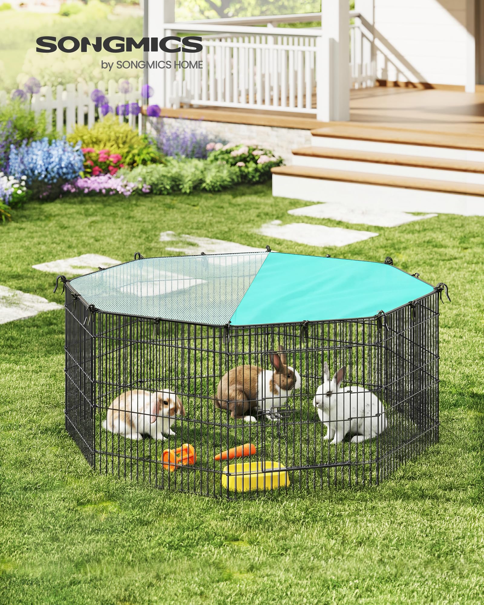 SONGMICS Enclos pour Petits Animaux 8 Panneaux 138 x 138 x 60 cm Noir d'encre avec Toit Respirant Protection Solaire