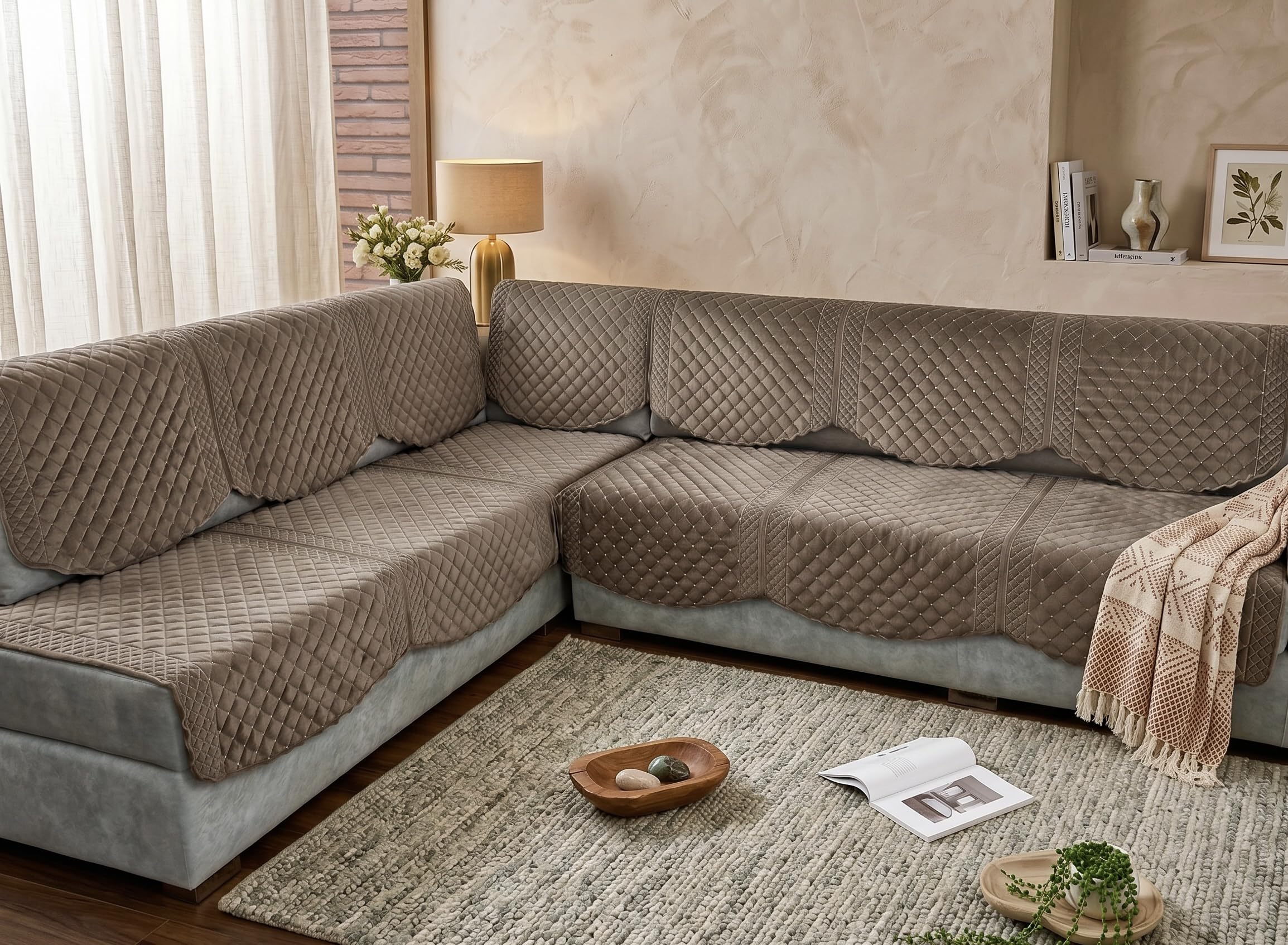 Velvet 4+3 Seater Embroidered Sofa Cover (Pack of 14) | Quilted Design, L-Shape Compatible, Full Sofa Protection-image-8