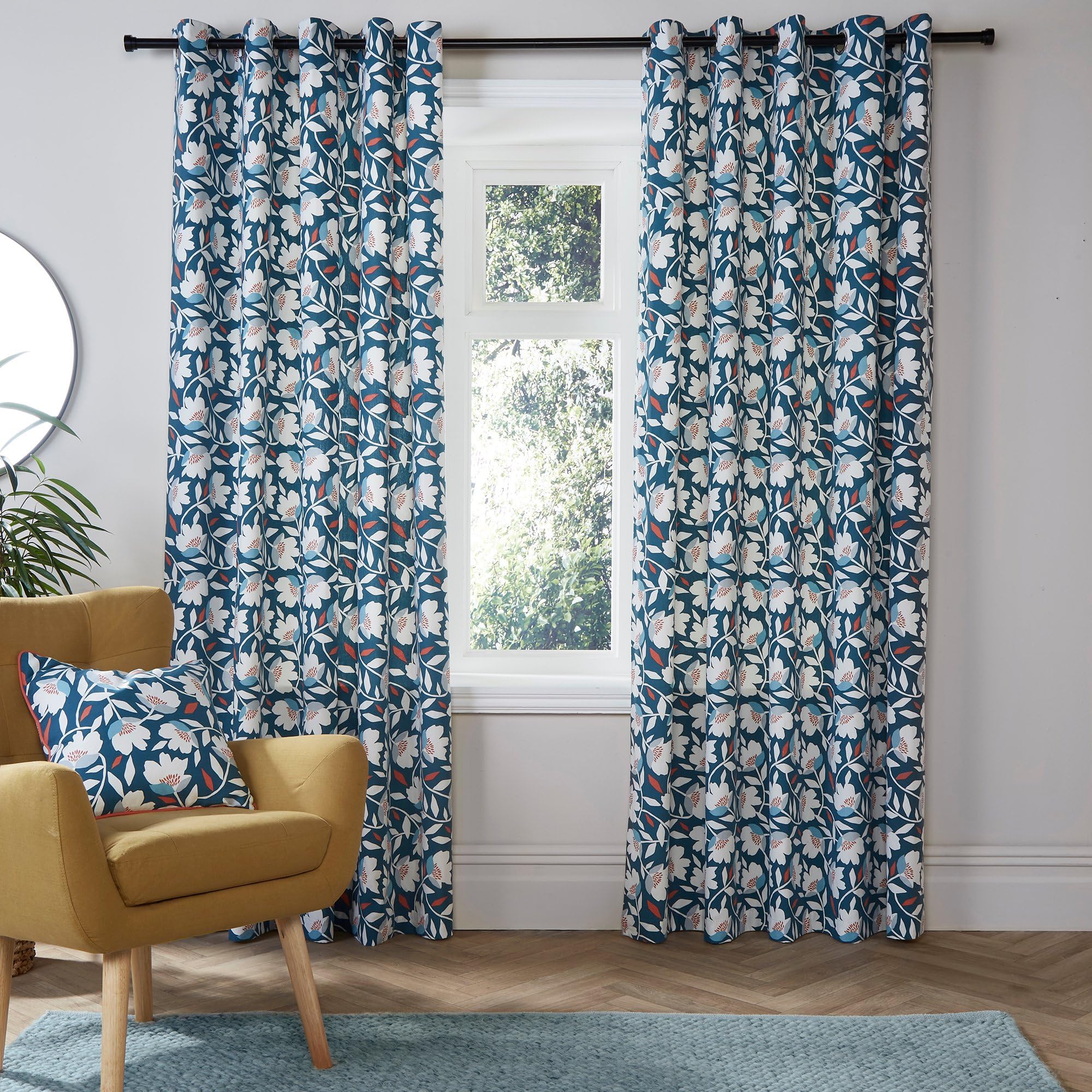 Fusion Teal Blue Floral Curtains - W46 X L72 (117 X 183Cm) - 2X Panels - 100% Cotton - Matching Cushion Available - Vintage Drapes In - Flower Eyelet Soundproof Curtains For Bedroom