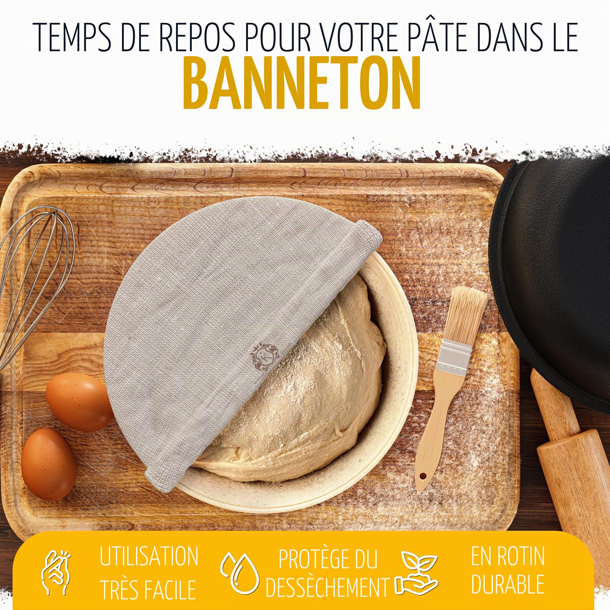 KAISERTAL Casserole en fonte de 26 cm avec panier de fermentation – Moule à pain en fonte – Pot à pain avec couvercle – Casserole en fonte comme accessoire de cuisson du pain, casserole à pain