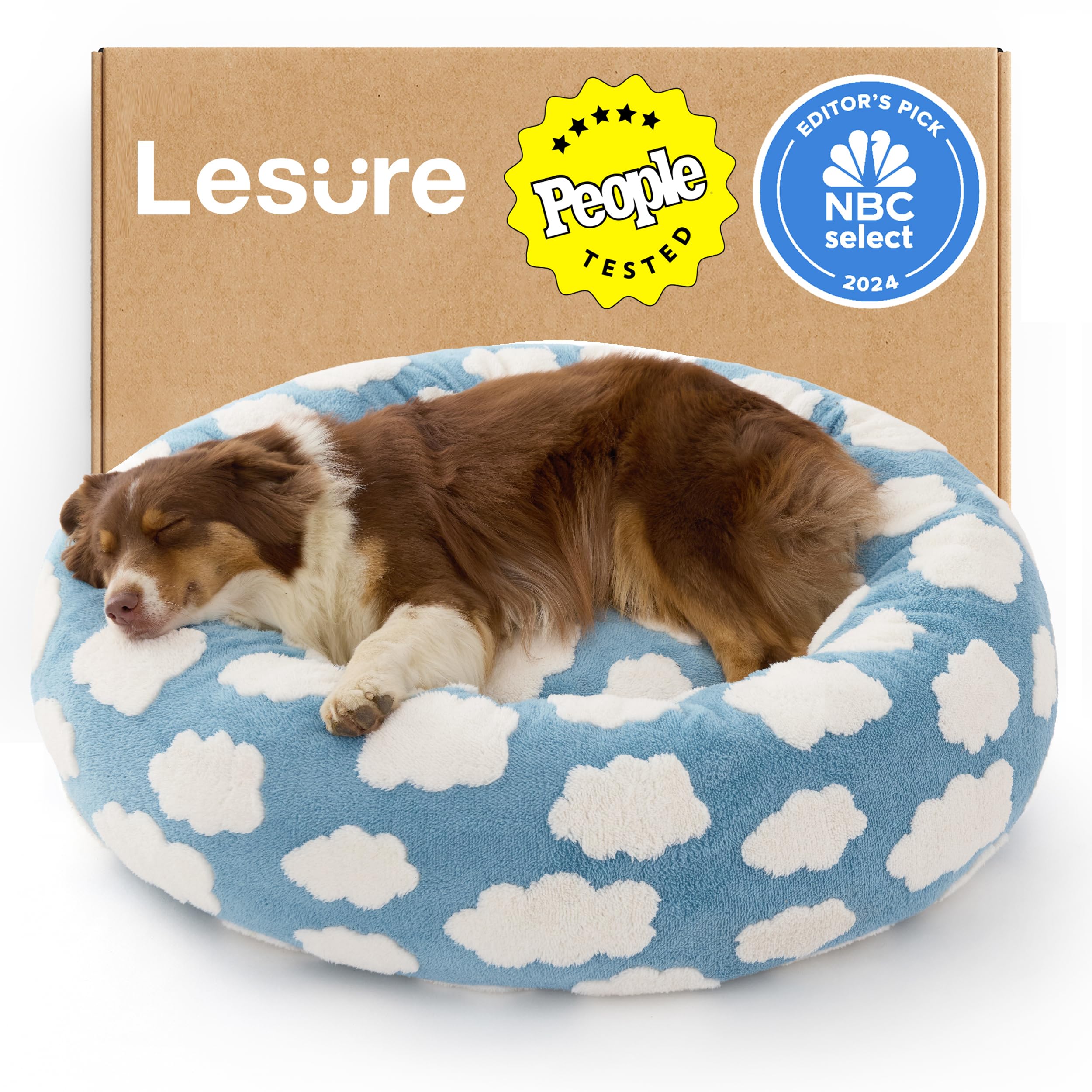 Donut Large Dog Bed - Round Cat Beds for Indoor Cats Anti-Anxiety Calming Pet Beds, Washable Cute Modern Beds with Teddy Sherpa Plush & Anti Slip Bottom Blue