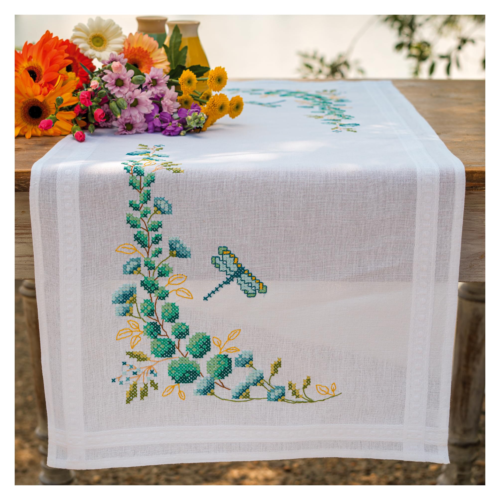 VERVACO Cross Stitch Kit Pre-Printed Table Runner Eucalypt Embroidery Blankets Pre-Drawn DIY Crafts Adults Creative Embroidery Runner for Self-Embroidery Approx. 40 x 100 cm Embroidery Set
