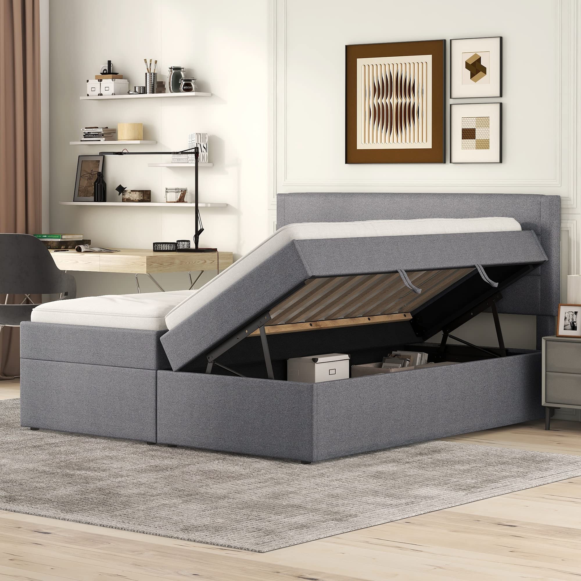 Boxspringbett 140x200 mit Bettkasten, Doppelbett Polsterbett mit Lattenrost, Bett, Betten, Bettgestell mit Stauraum, Schlafzimmer Komplett, Stauraumbett (Grau, Doppelbett 140x200), TkopyBed0615