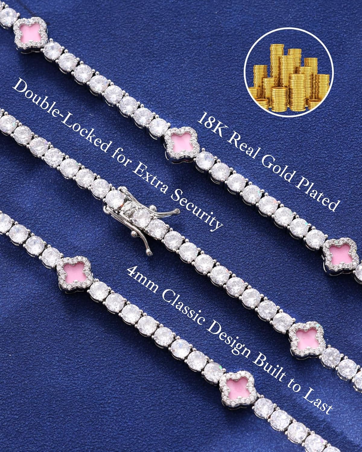 LuxeFlex 4mm Iced Out Four Leaf Tennis Bracelet, White Gold Plated with 5A Zircon Stones, Handmade exquisite Hip Hop Jewelry, Perfect Unisex Gift - Image 2