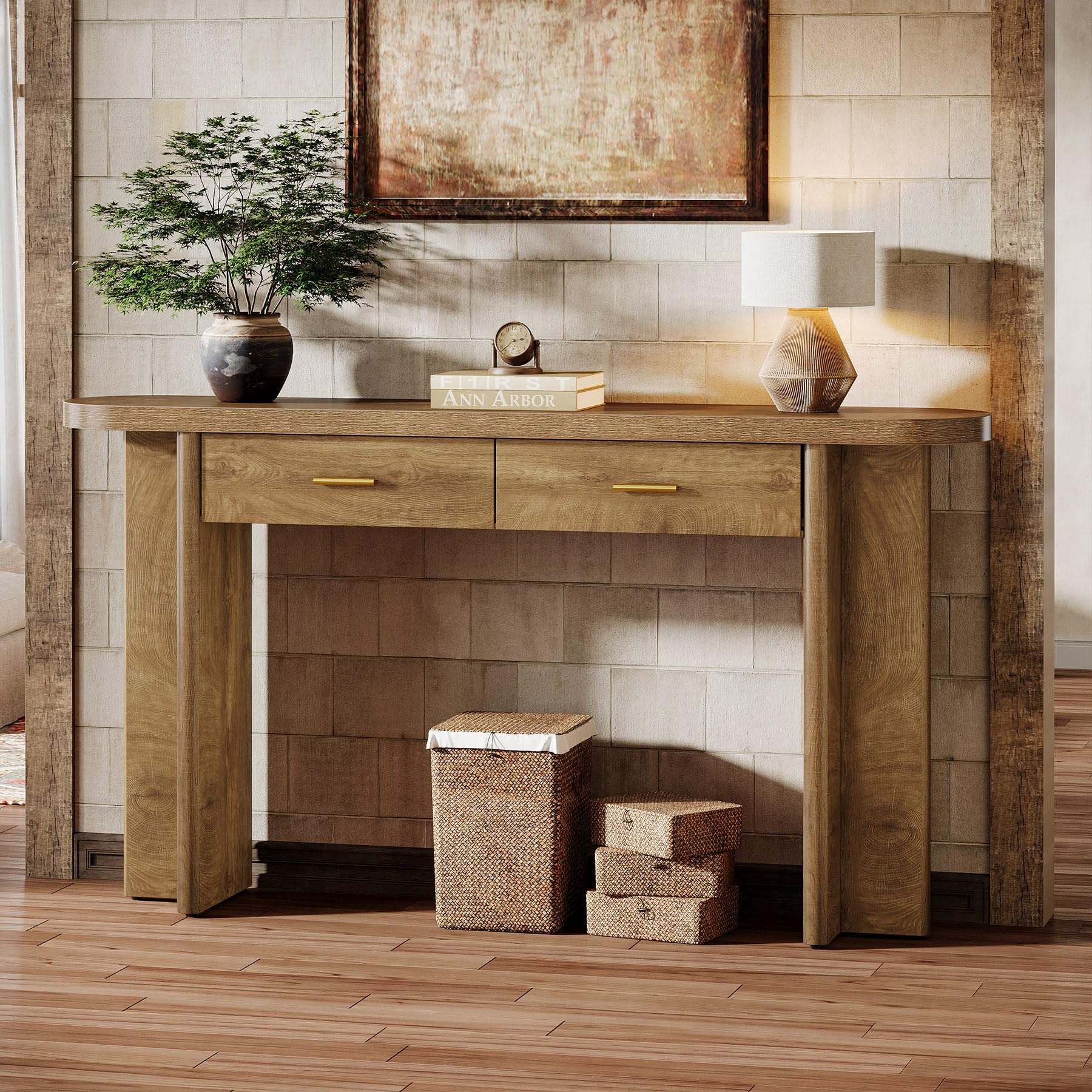 Tribesigns Tavolino consolle con 2 cassetti, 160 cm, in stile rustico, ovale, con vano portaoggetti, per soggiorno, corridoio e ingresso, marrone