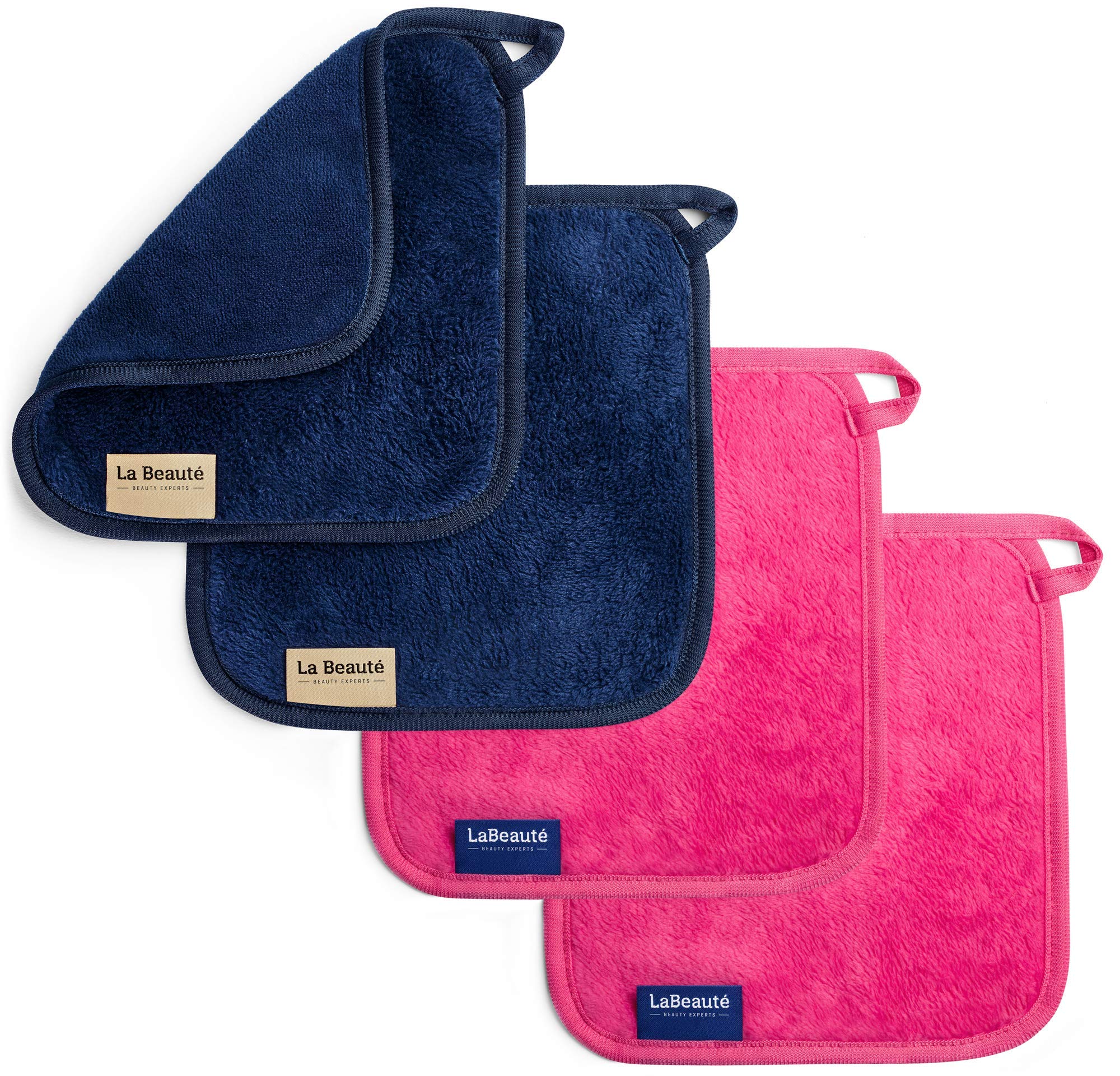 LaBeaute Panno struccante microfibra – Struccante occhi e pulizia viso – Stuccante viso makeup – Lavabile e riutilizzabile – 21x21 cm – 4 pezzi - Blu Navy e Rosa