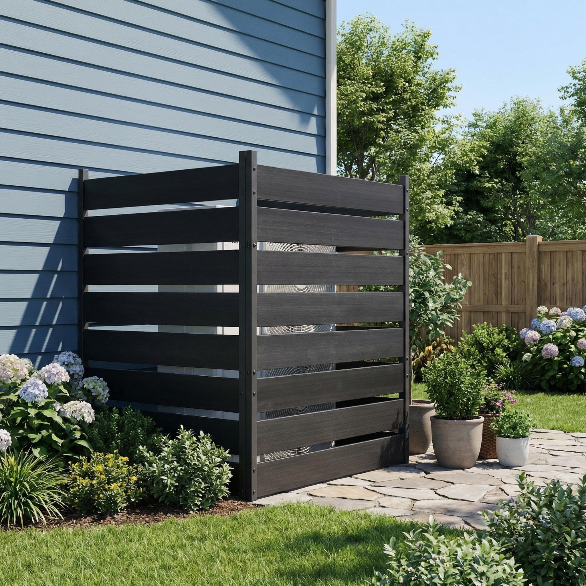 2-Panel Garden Privacy Screen, 96.5W x 127H cm No-Dig Air Conditioner Cover & Wheelie Bin Store, Weatherproof Vinyl Fence with Aluminium Frame, Decorative Outdoor Partition for Pool Equipment Patio -B