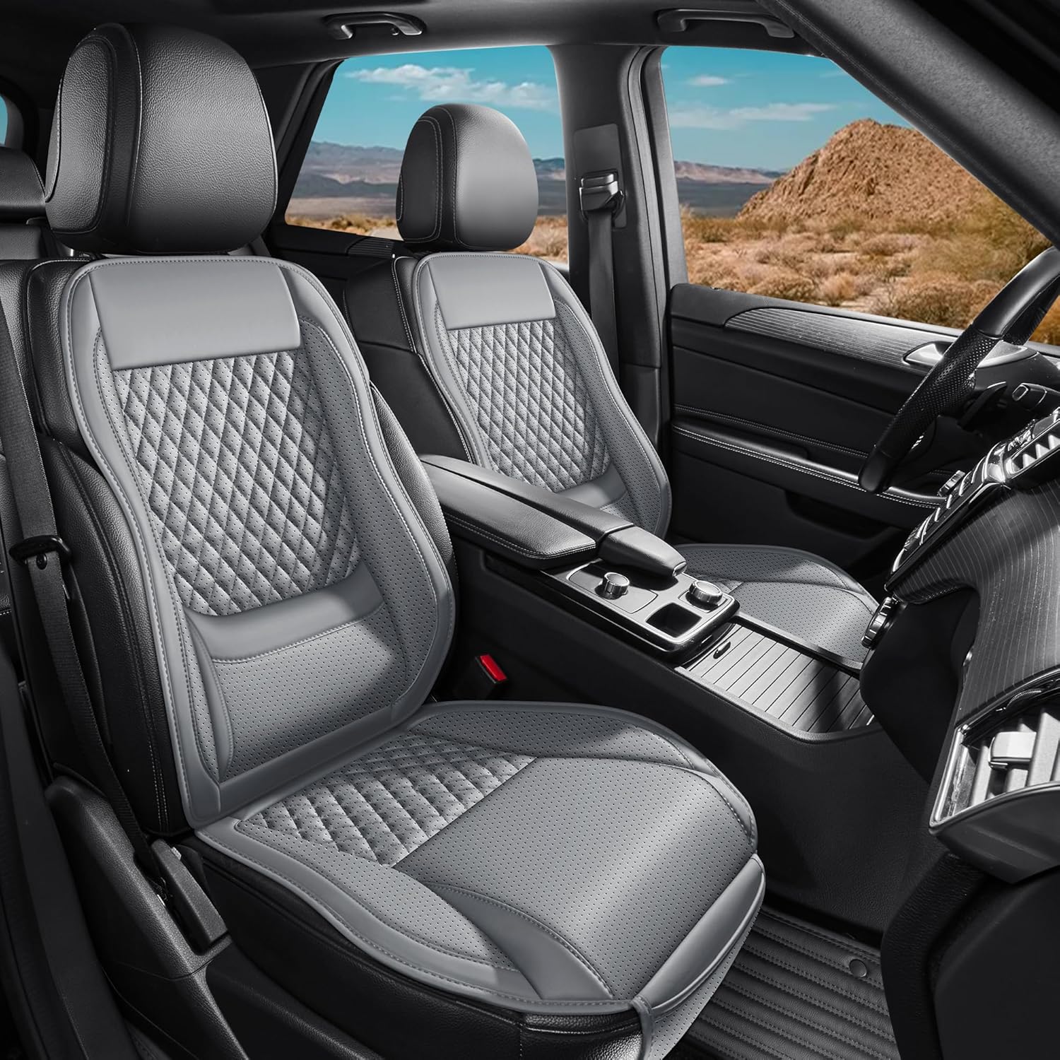 Premium Perforated Napa Leather Car Seat Covers Semi Universal Fit with Lumbar Support, Storage Bag for SUV Sedan Truck (Gray, Front Row Two Seats)