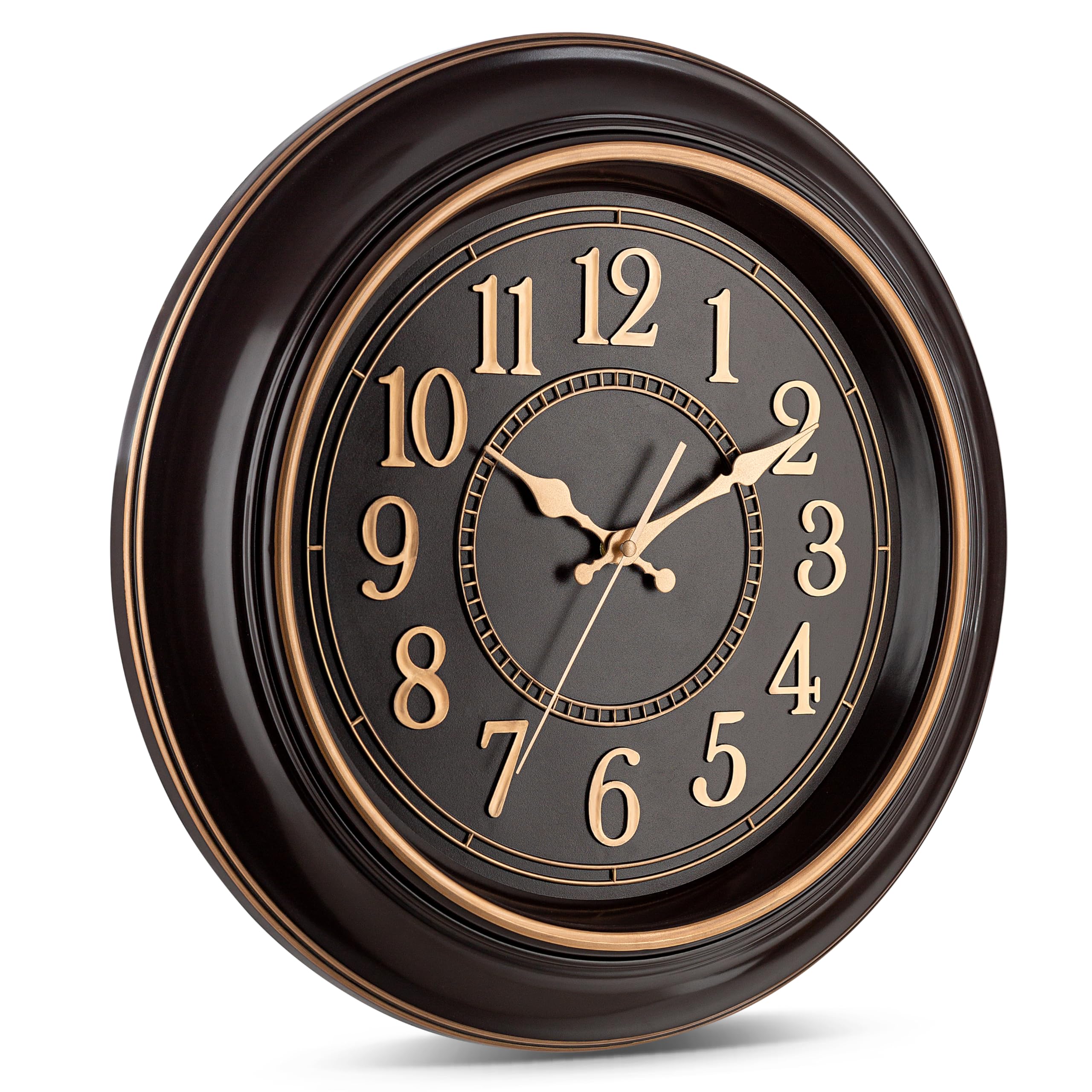 Bernhard Products Large Wall Clock 18 Inch Quality Quartz Silent Non Ticking, Battery Operated for Home/Living Room/Over Fireplace, Beautiful Decorative Stylish Clock, Deep Brown & Copper Numbers