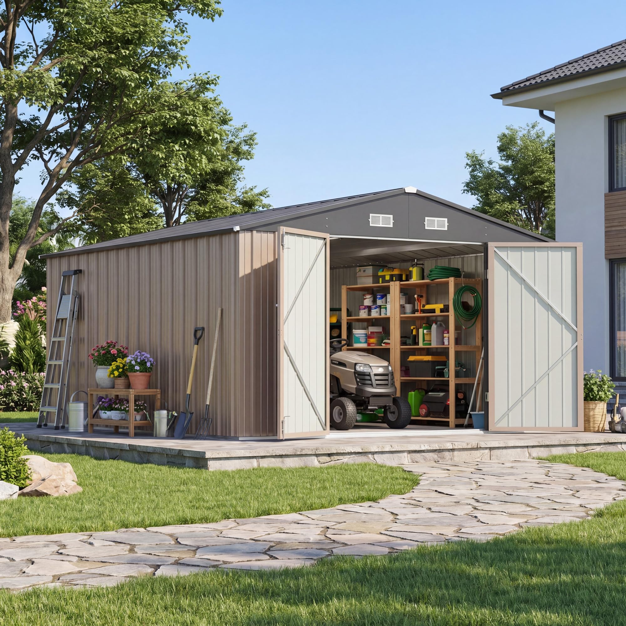Devoko 10x12 FT Outdoor Storage Shed with Floor Frame, Brown