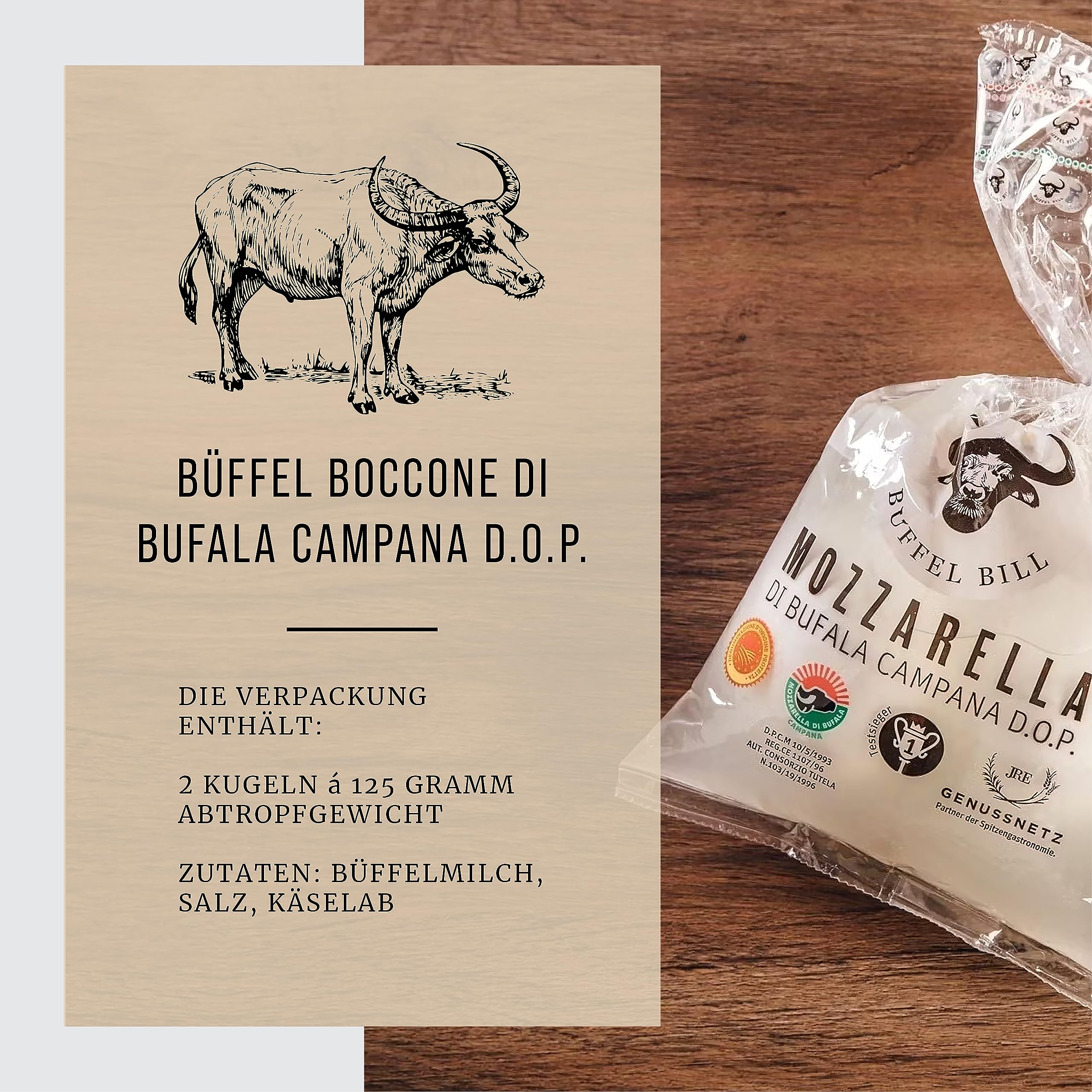 BÜFFEL BILL Boccone di Bufala Campana D.O.P. - 8x125g Kugeln I Cremig-weicher saftiger Mozzarella aus italienischer Büffelmilch I Geschmacksintensiv