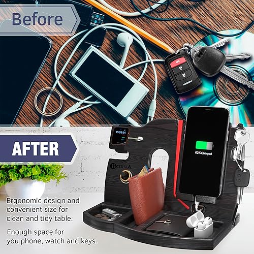 Miniatura 6 de BARVA Estación de acoplamiento de madera, organizador de mesita de noche, soporte para teléfono, cartera, reloj, soporte para llaves, carrito de