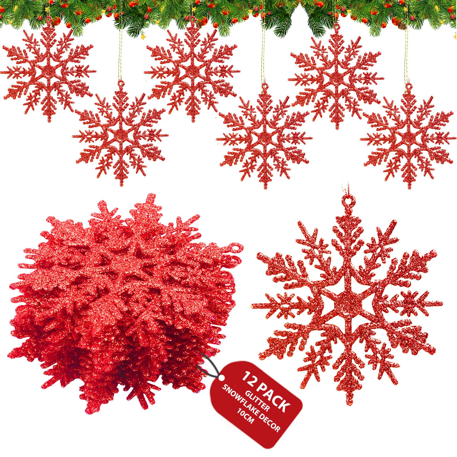 Enjoyard 16 Pieces Glitter Red Snowflake Ornaments - Christmas Tree Decorations, Hanging Xmas Baubles for Home, 10cm Small Sparkly Snow Flake Ornaments