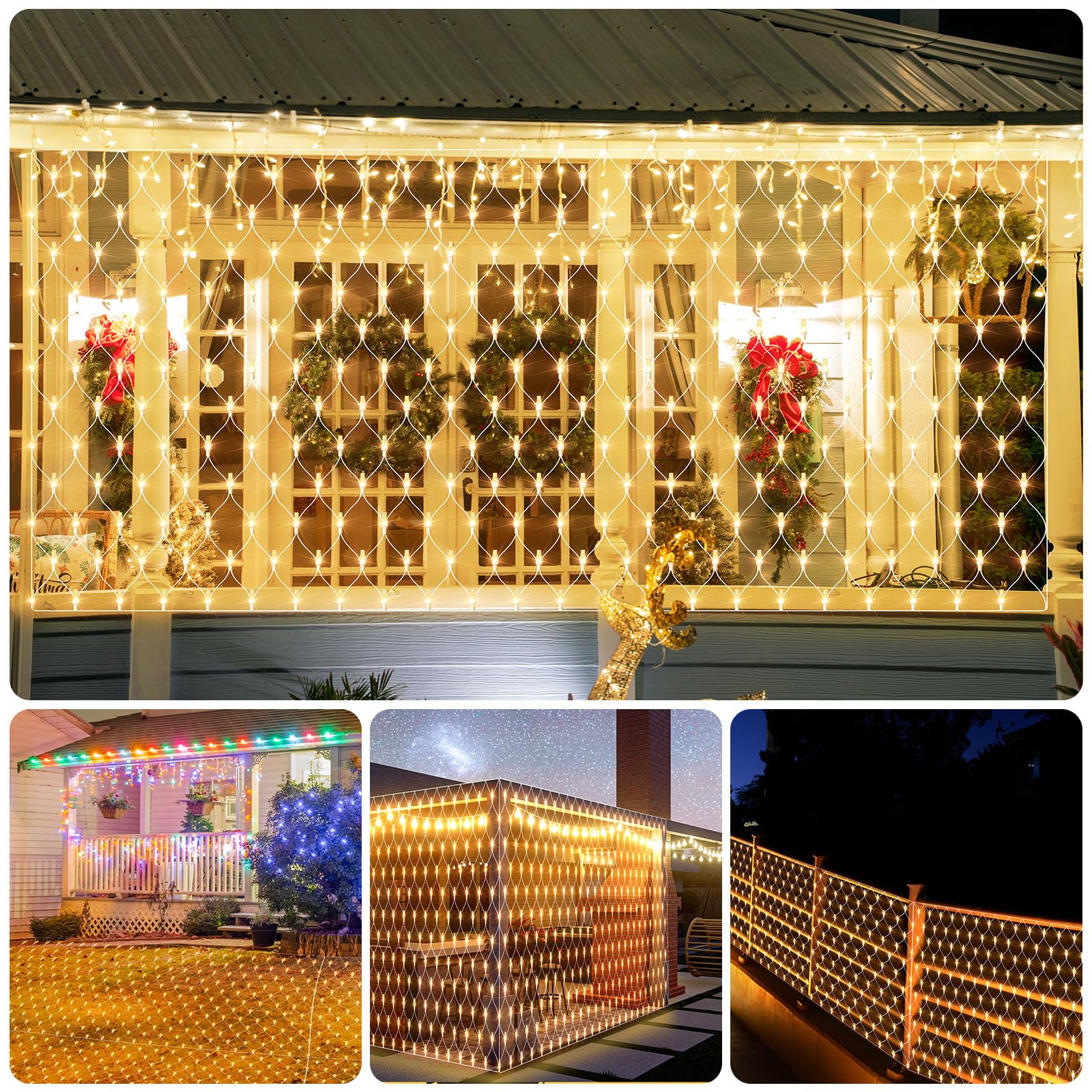 THKFUL 6x3M Lichternetz Außen mit Stecker- Lichterkette Netz mit Fernbedienung Timer- Kristall 408LED Garten Baum lichterkette Aussen-Wasserdichte für Büsche Zaun, Hinterhof(Warmweiß) (Packung mit 6)