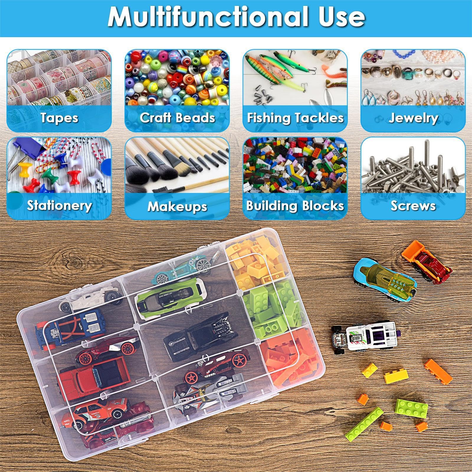 BTSKY 2 PCS Plastic Washi Tape Organizer, Adjustable 15-Grid Compartment Washi Tape Storage Case, Clear Sticker Storage Box for Scrapbook Organizers and Storage, Universal Jewelry Box Bead Organizer