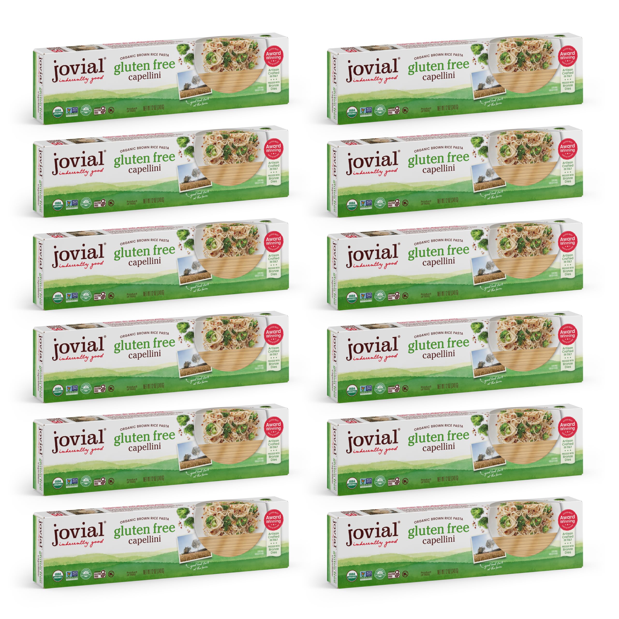 Jovial Whole Grain Brown Rice Capellini Pasta - Pasta Capellini, Capellini Pasta, Whole Grain Pasta, Organic Pasta, Gluten Free, Dairy Free, Brown Rice Pasta, Made in Italy - 12 Oz, 12 Pack