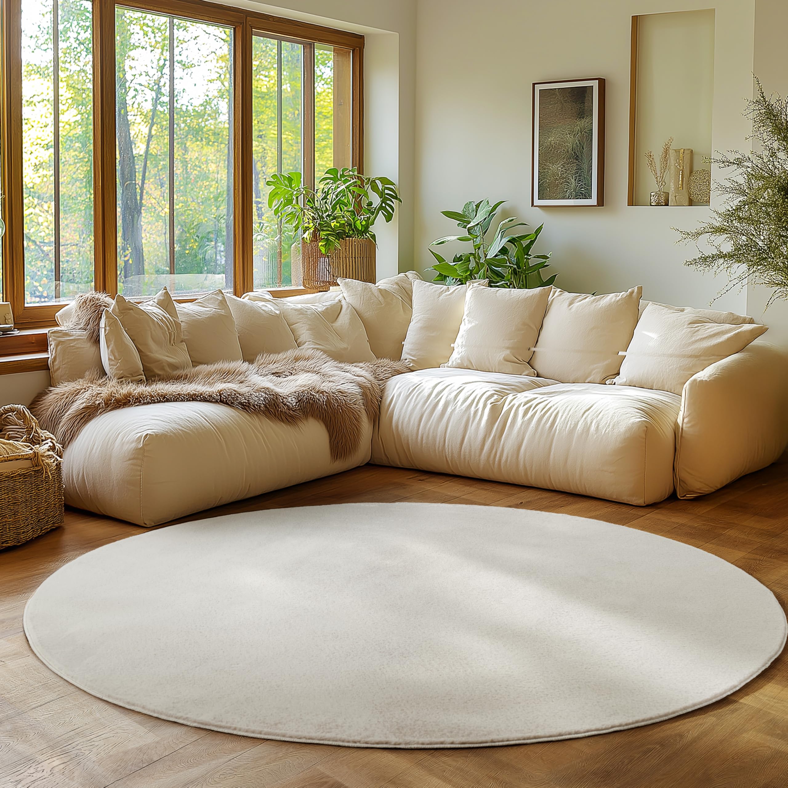 SIMPEX Runder Teppich Creme 160 cm Kurzflor Teppich Waschbar, rund, weich & rutschfest, modern einfarbiges Design für Wohnzimmer, Küche Schlafzimmer, & Kinderzimmer