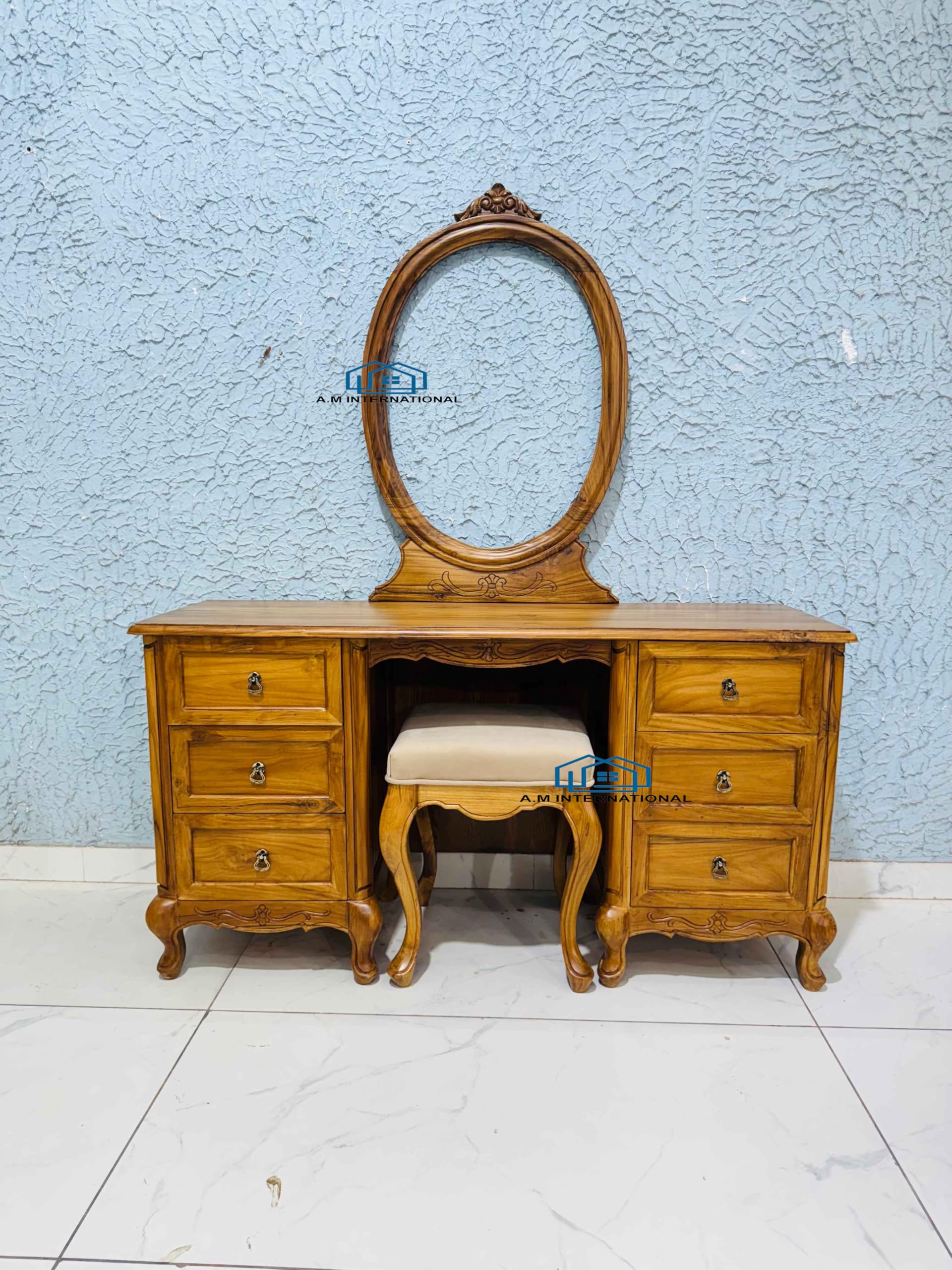 Royal Wooden Handcrafted Dressing Table Set in Teak Wood with Natural Polish for Bedroom Without Mirror 6 * 4 ft-picture-21