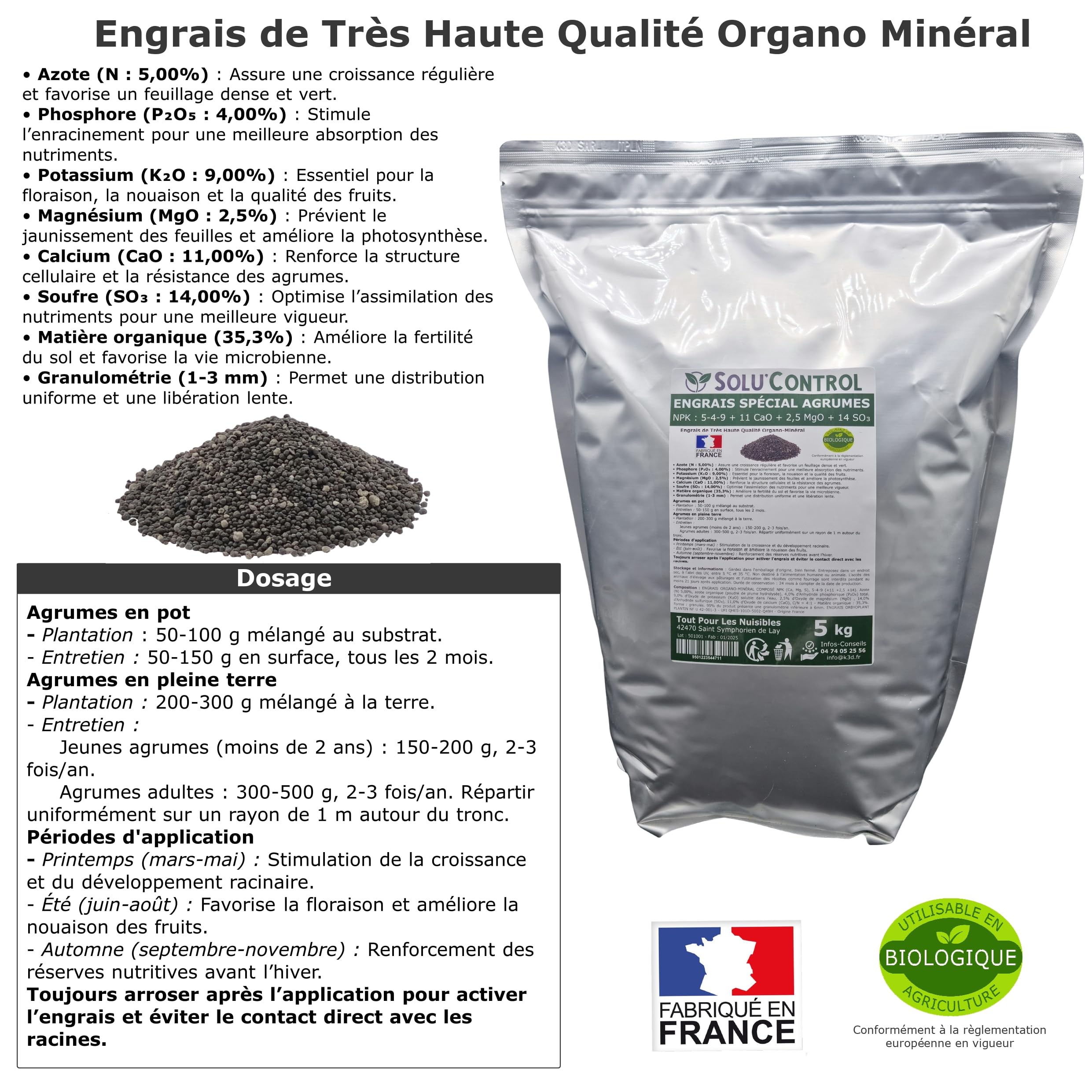 Engrais Spécial Agrumes 5 kg - SoluControl - Formulation haute qualité Organo-Minerale - Citronnier, Oranger, Mandarinier, Clémentinier, Pamplemoussier, Kumquat, Yuzu, Combava ...