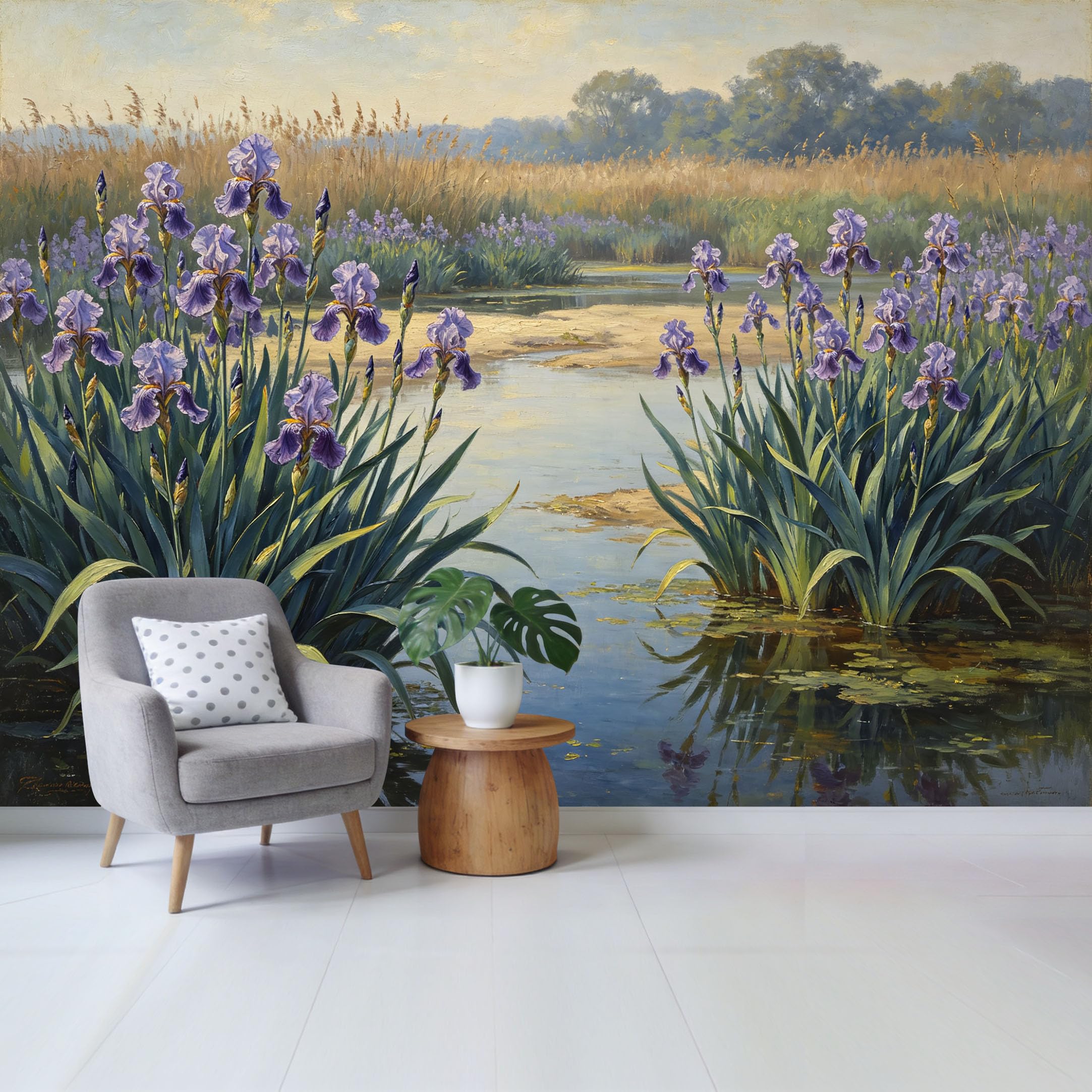 Qzlithotic Yq2605251127 Custom Size Wall Mural Purple Iris Flower Landscape Lake Scenic Oil Painting Selfadhesive Wall Fabric Removable Wallpaper For Home Office Decor