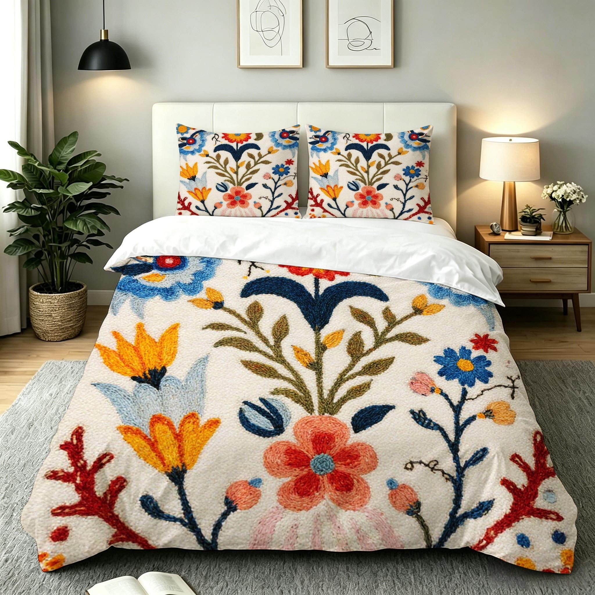 Housse de couette 220x240 fleur colorée pour lit 2 personnes avec ses taies