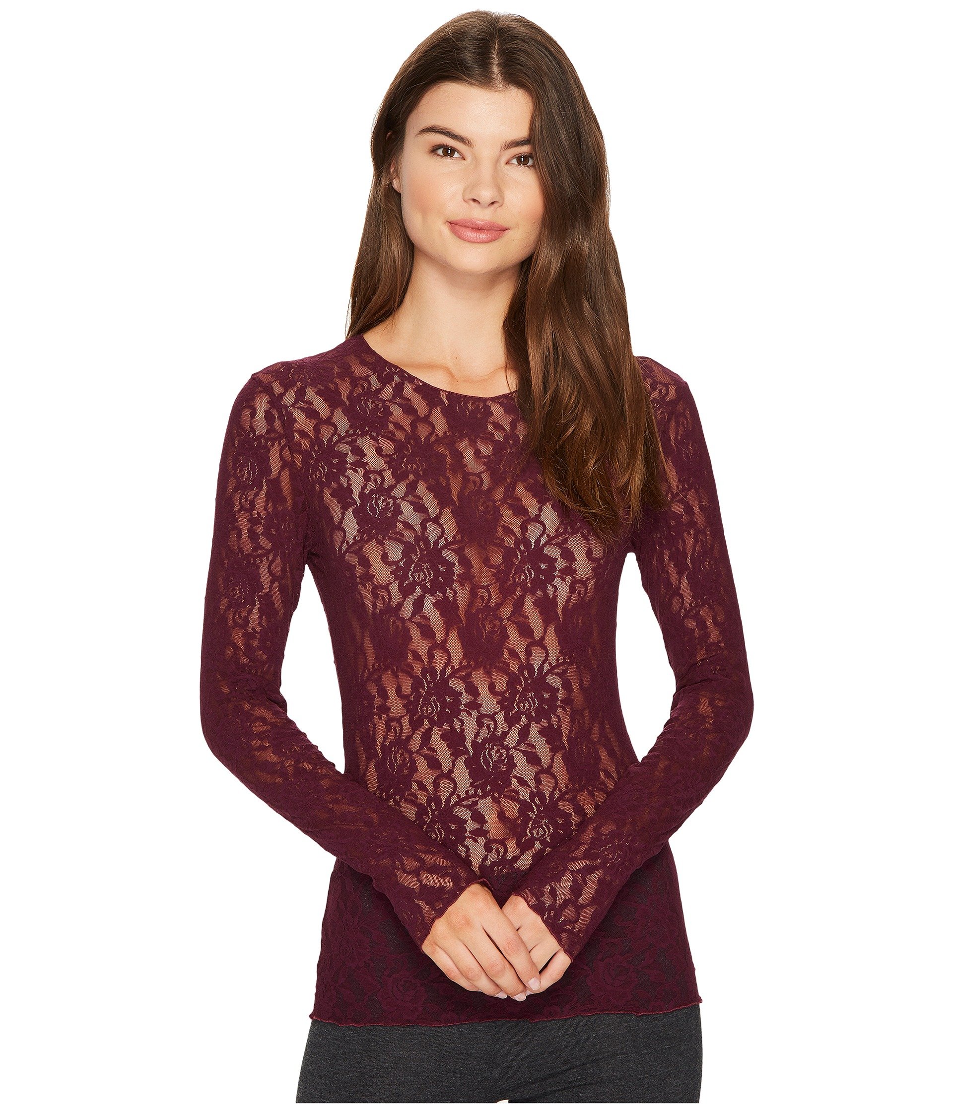 HANKY PANKY SIGNATURE LACE UNLINED LONG SLEEVE TOP, DARK DAHLIA | ModeSens
