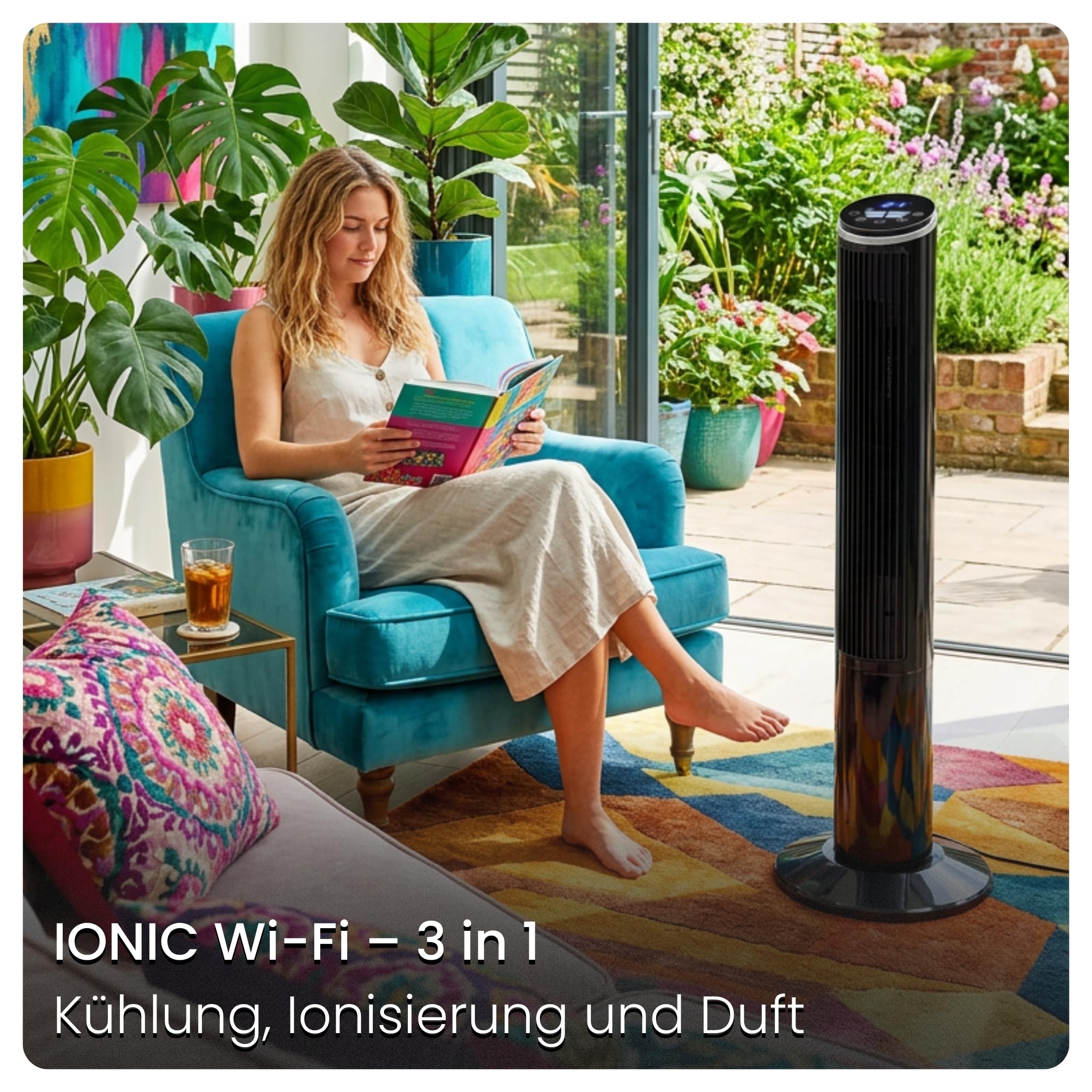 Turmventilator 102cm Standventilator mit Ionisator & Aroma-Clip IONIC, 5,8 m/s Wind, 90° Oszillation, 15h Timer, LED Display mit Temperaturanzeige, 55W, Tower Fan, Ventilator