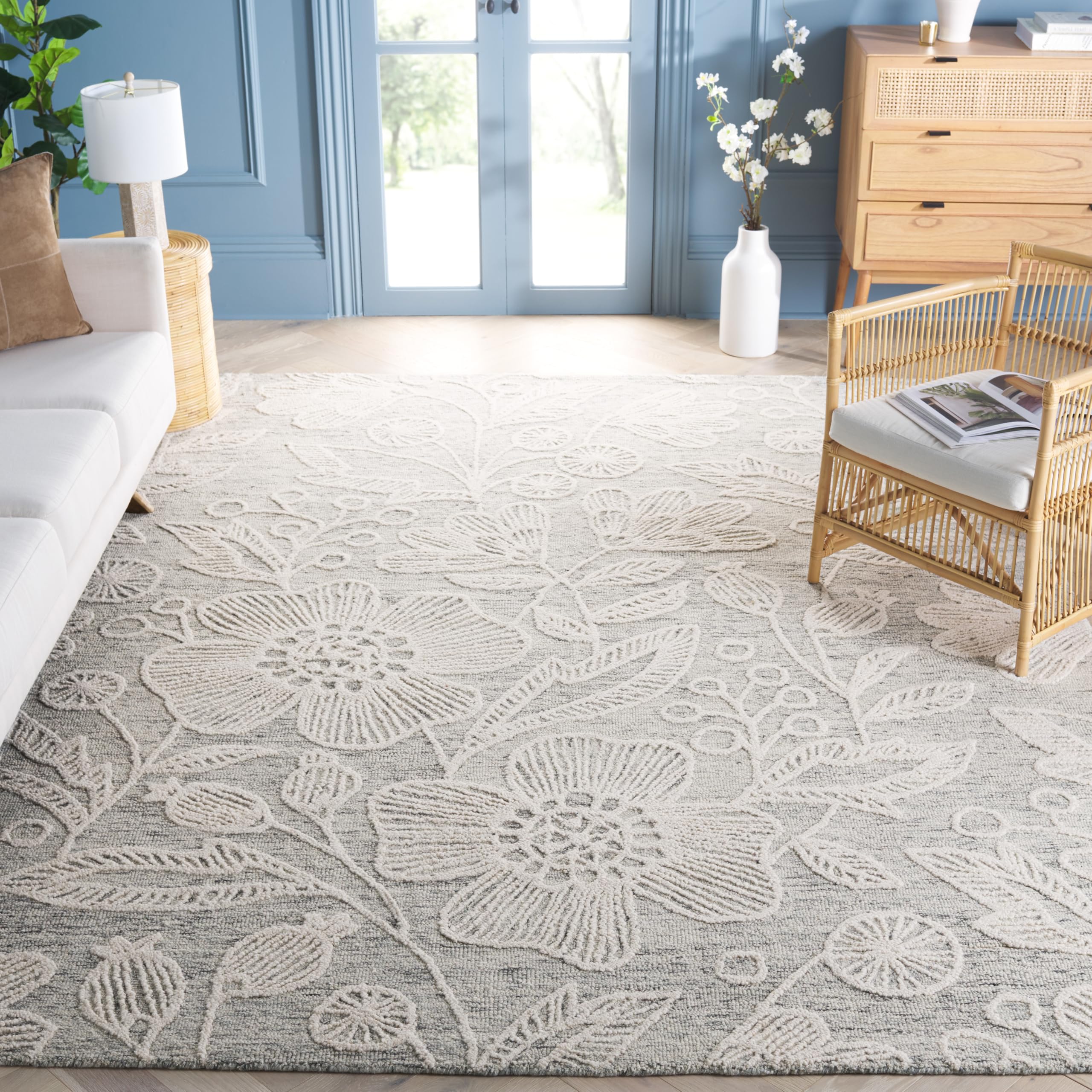 SAFAVIEH Area Rug 8x10 - Jardin Collection - Large - Grey & Ivory, Handmade Wool, Floral Design, Ideal for Living Room, Bedroom, Office, Dining Space