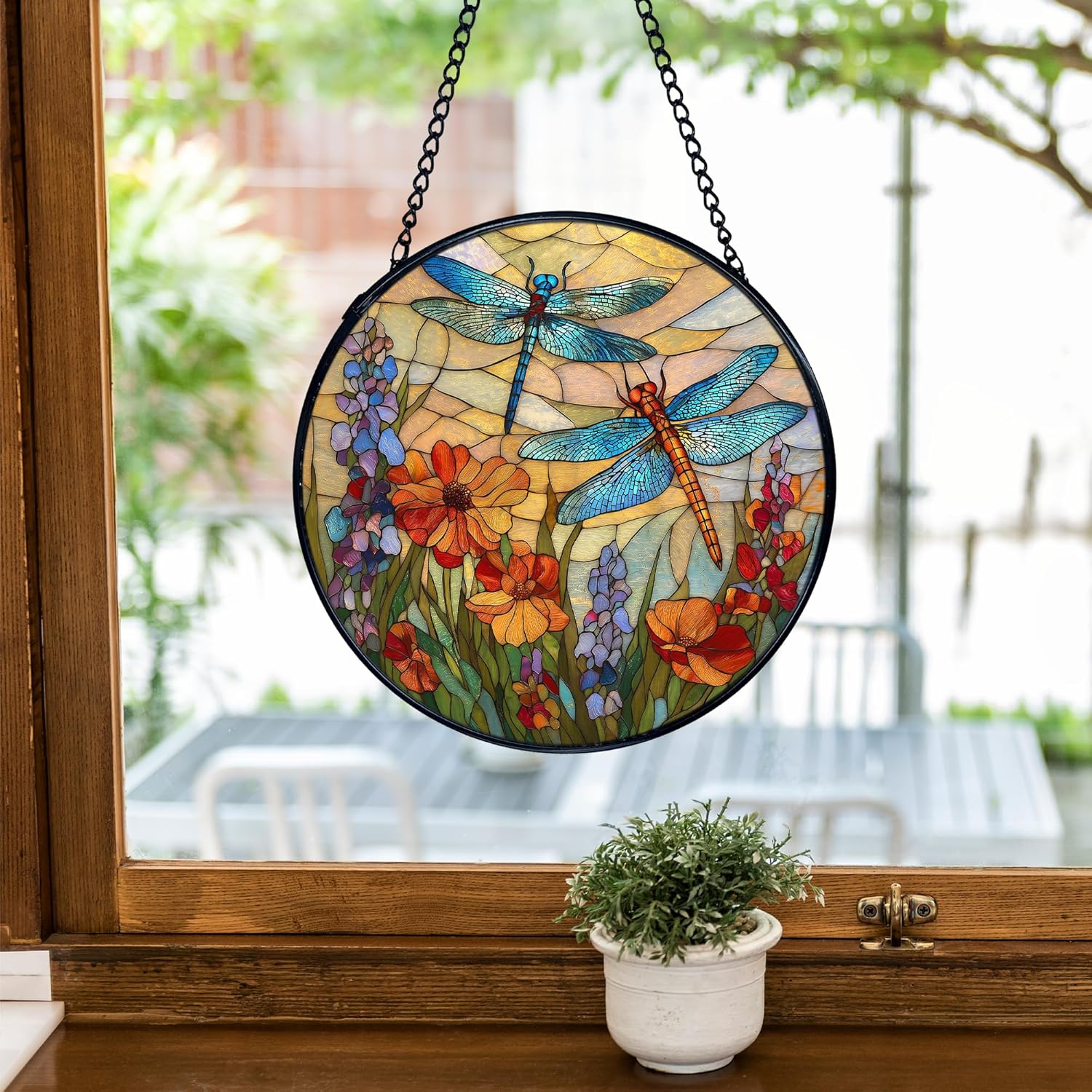 TNUW トンボ 花 ステンドグラス ウィンドウハンギング 自然 トンボ