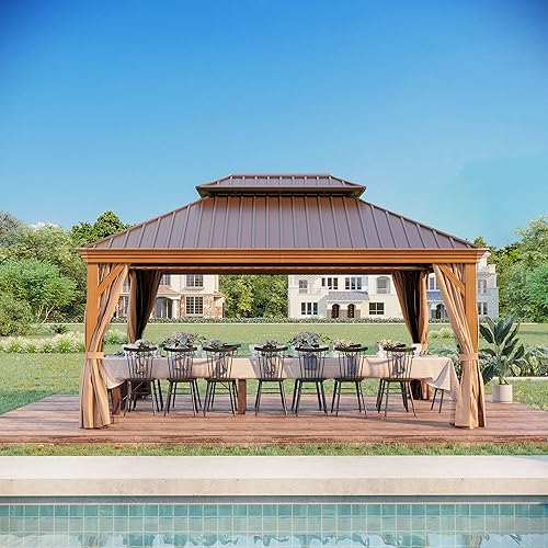 Miniatura 7 de Gazebo de techo rígido de 12 x 16 pies, kiosco de aluminio para exteriores, doble techo, toldo de acero galvanizado con acabado de madera recubierto