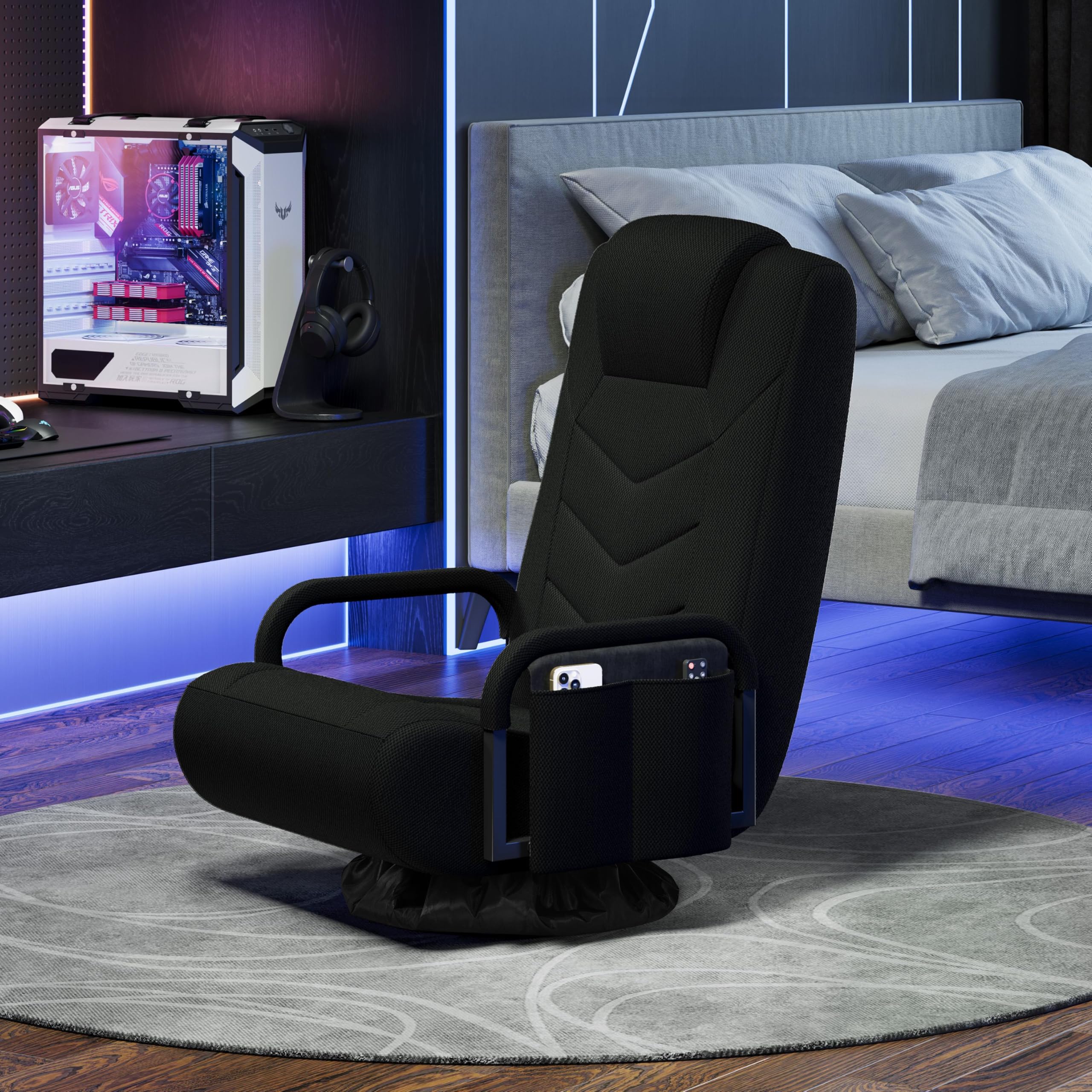 Yaheetech Krzesło podłogowe, obracane o 360°, fotel podłogowy, 6-stopniowa regulacja, krzesło gamingowe z podłokietnikami i praktyczną torbą, sofa podłogowa do salonu/sypialni / biura, kolor czarny
