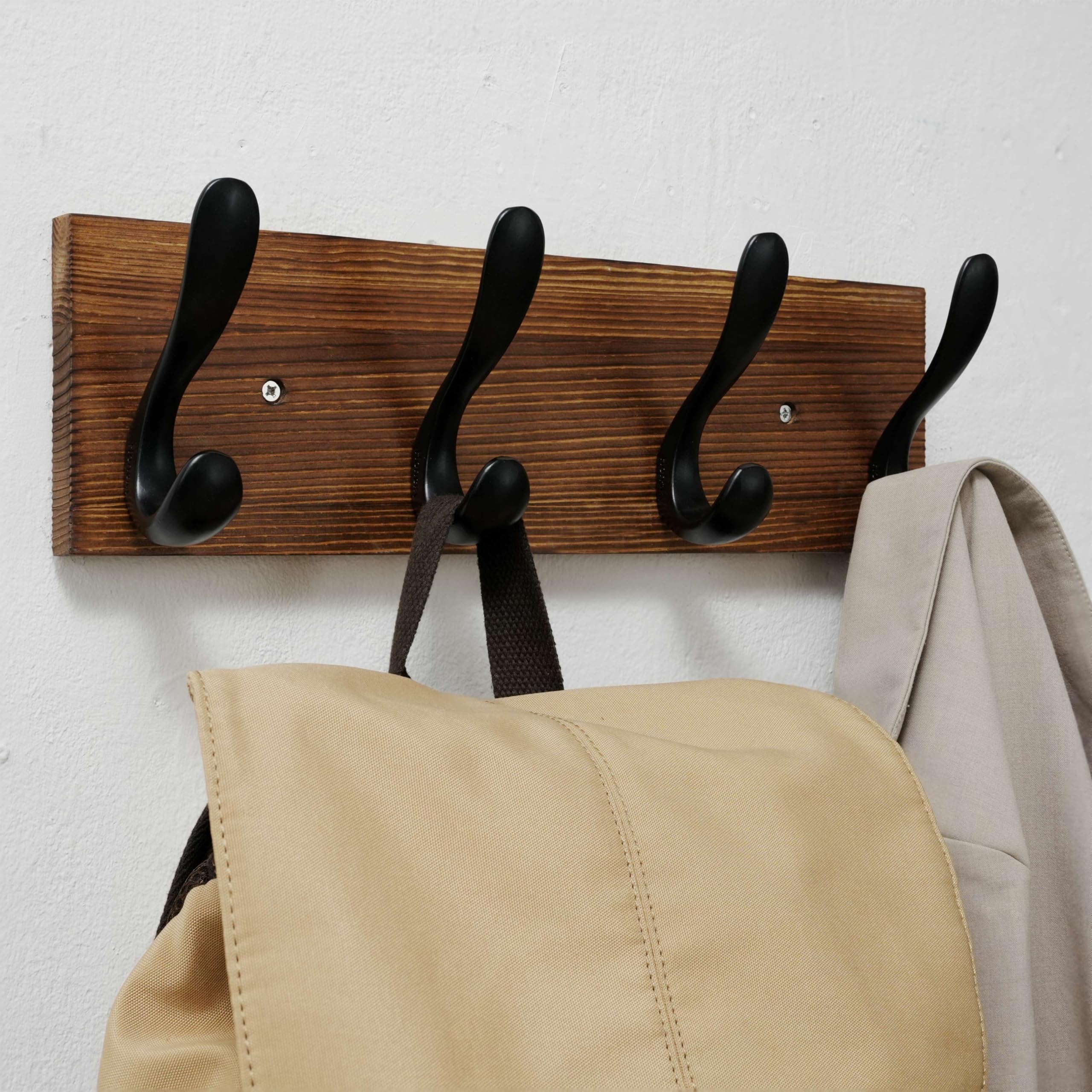 HONSKY Wooden Coat Rack Wall Mounted with 4 Double Hooks, Wall Mounted Clothes Rack Organizer for Jackets/Hats/Scarves, Rustic Solid Wood Entryway Storage for Hallway, Bedroom, 2 Pack (Brown/Black)