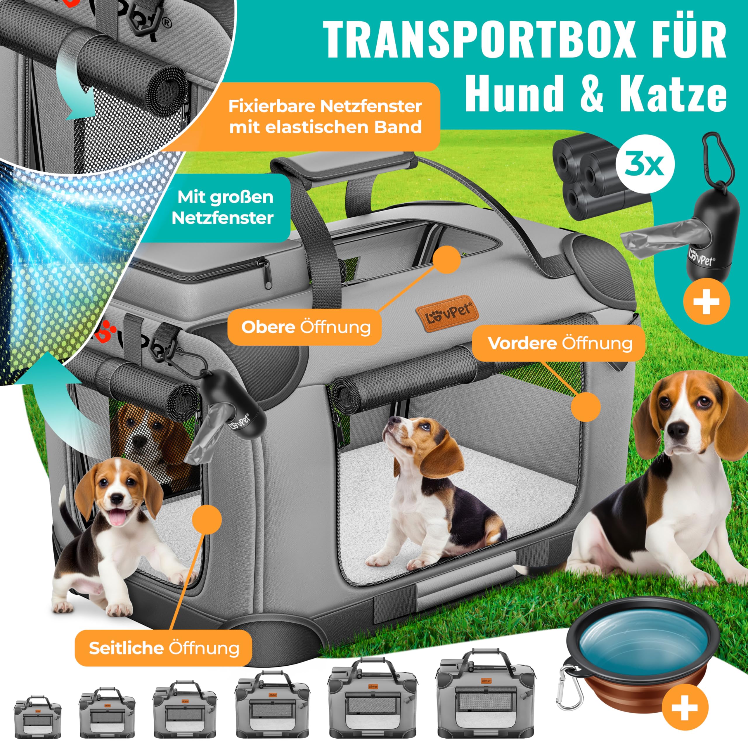 LOVPET® Transportbox Hund Katze Transporttasche XXL 92x64x64cm | Hunde-Tragetasche Faltbare Katzentasche | Haustier-Transportbox inkl. Hundenapf & Schultergurt | für Katzen & Hunde Hellgrau