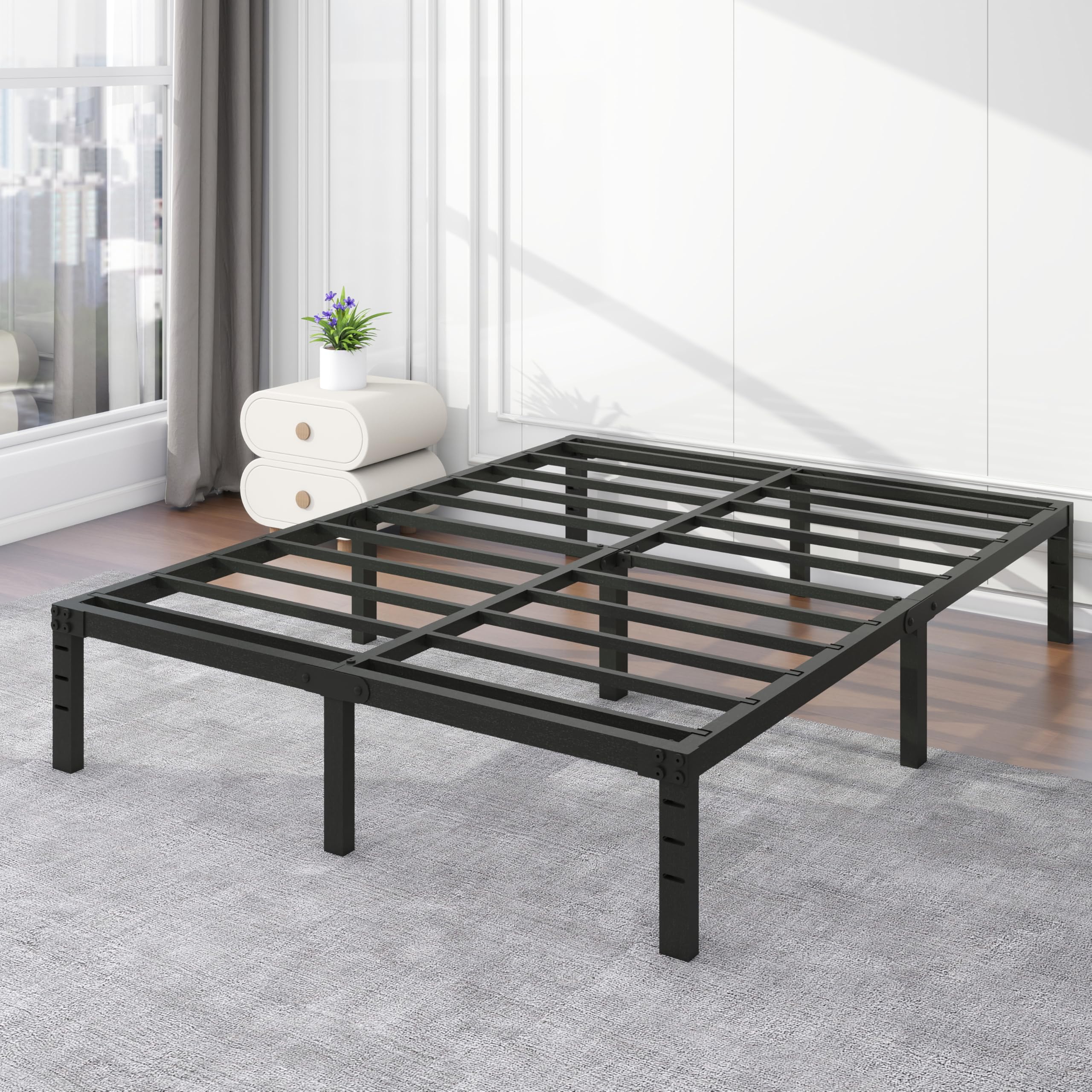 14 inch Heavy Duty Steel Slat Anti-Slip Support Easy Assembly Mattress Foundation Bed Frame Maximum Storage Noise Free, Black, Metal (Queen (U.S. Standard))