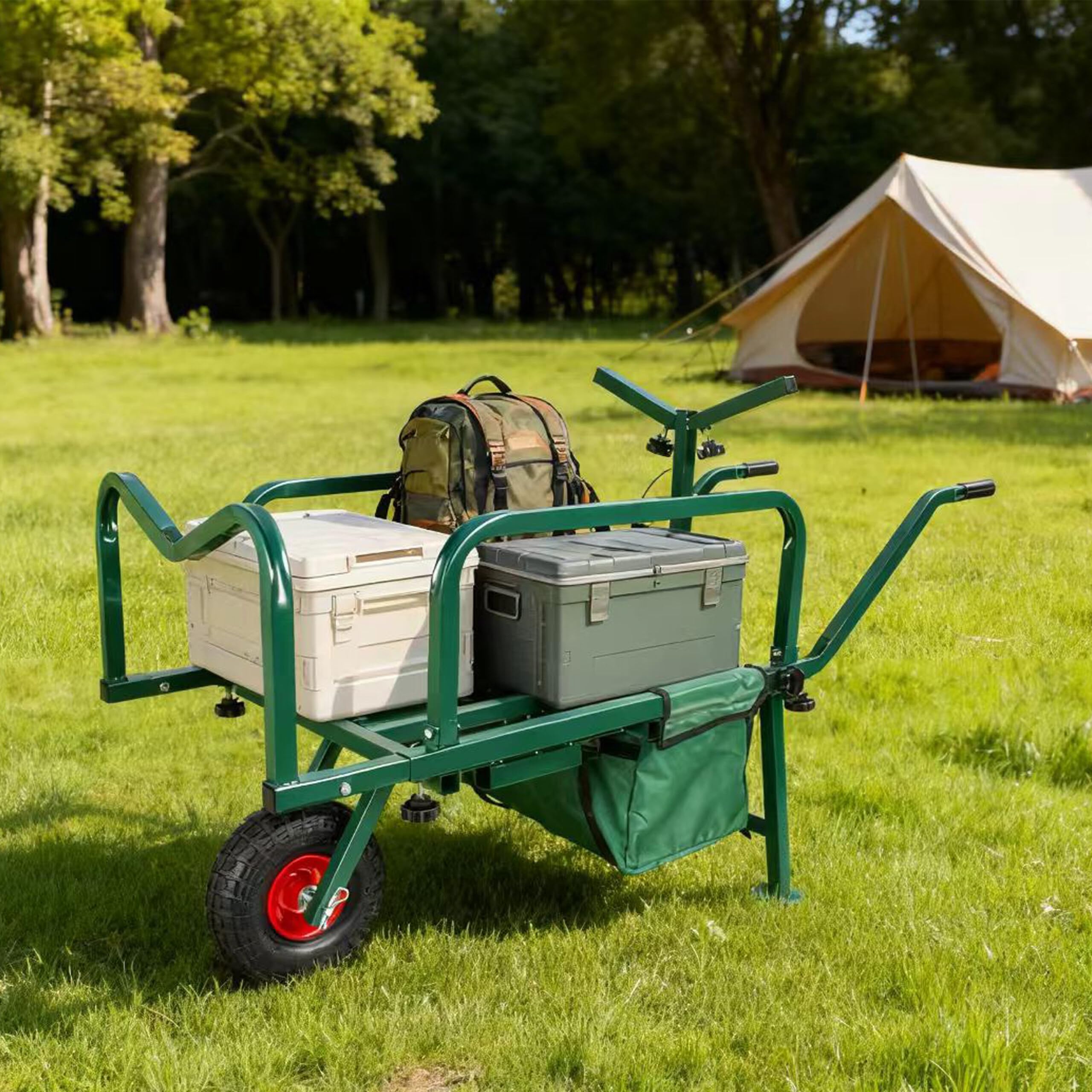 Relaxdays Angelwagen Transportwagen, Lastenkarre mit Tasche, HBT: 65x145x55 cm, verstellbar & klappbar, Stahl, grün