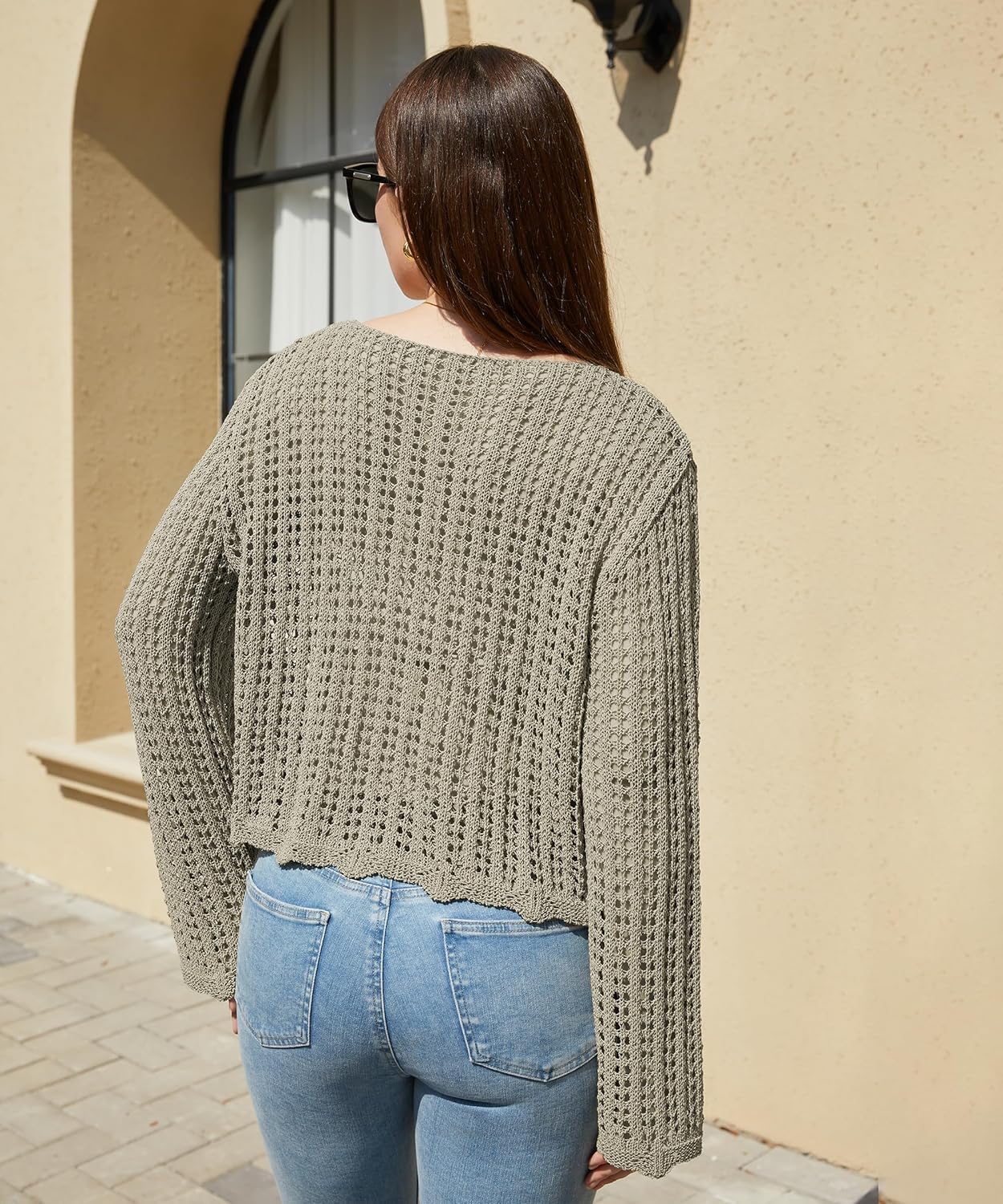 Women's Crochet Pullover Sweaters Cover Up Soft Hollow Out Cropped Beach Swim Coverup, Boat Neck Long Sleeve Tops