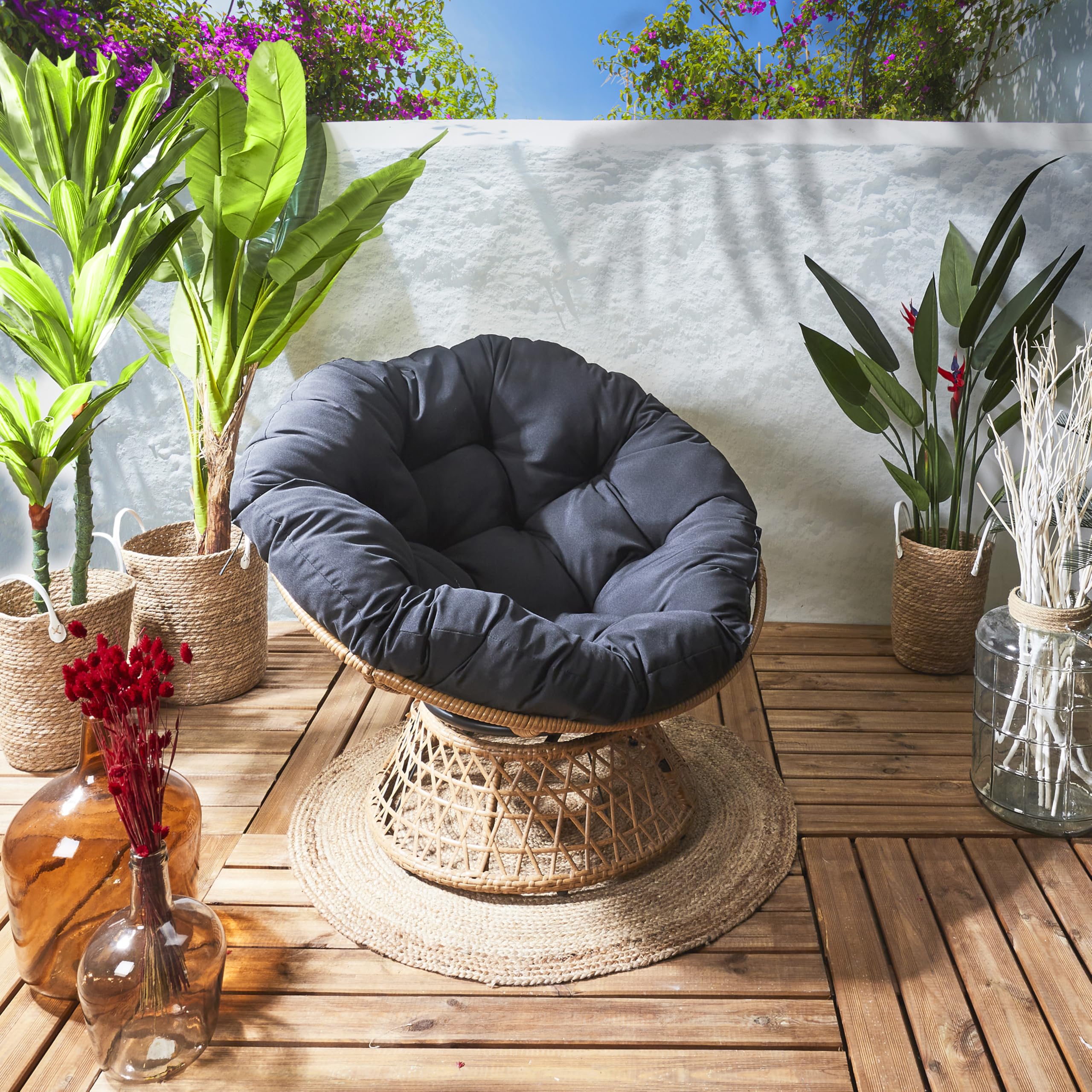HOME DECO FACTORY, Poltrona girevole per esterni, sedia Relax rotonda, 1 posto girevole a 360°, cuscino spesso grande comfort incluso, mobili da giardino per amenagement balcone, terrazza salotto da