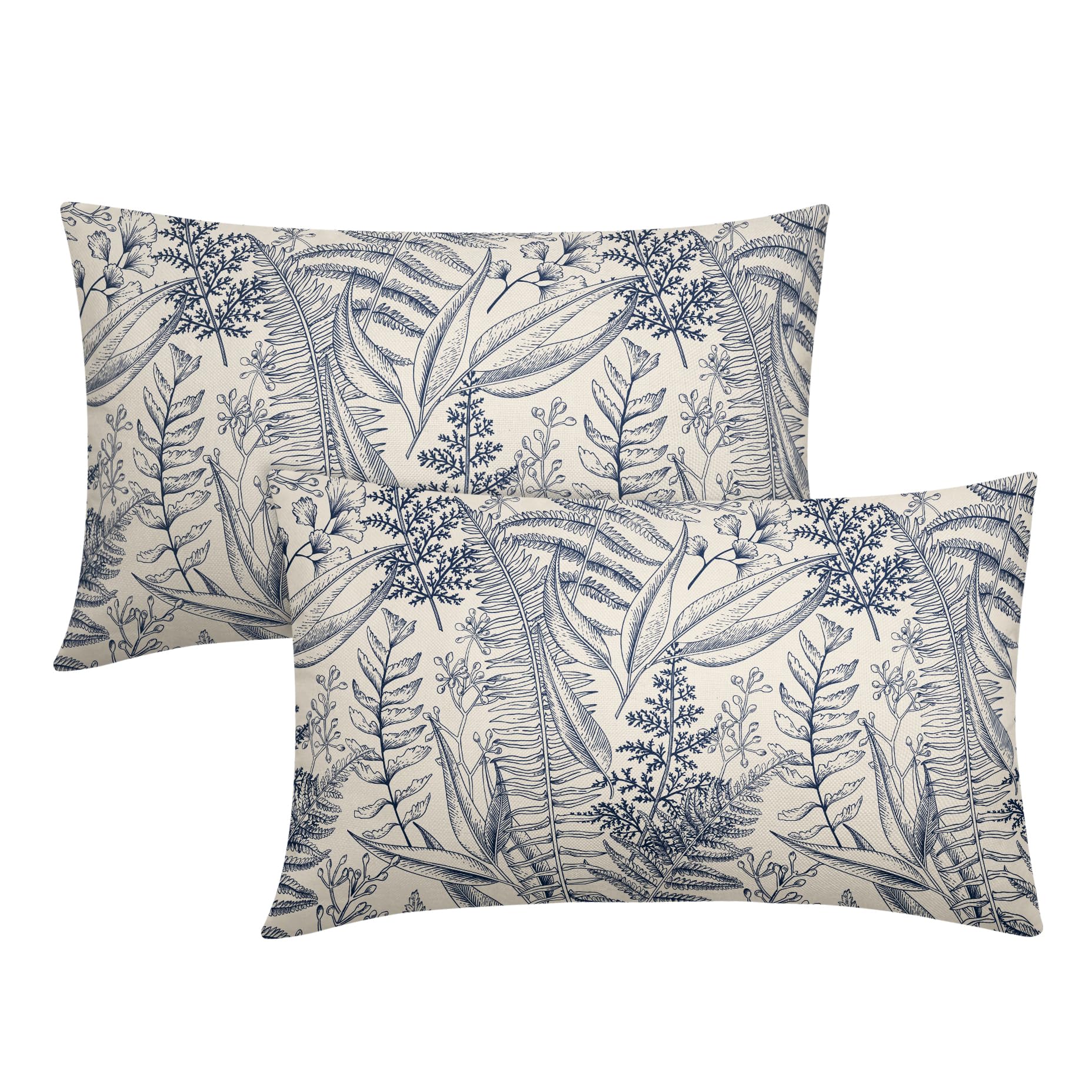Blue Leaf Plant Lumbar Pillow Covers 12X20 Inch Herbs Botanical Fern Vintage Leaves Floral Decorative Pillow Cases Set of 2 Throw Pillows Farmhouse Home Decor for Sofa Couch Cushion Outdoor