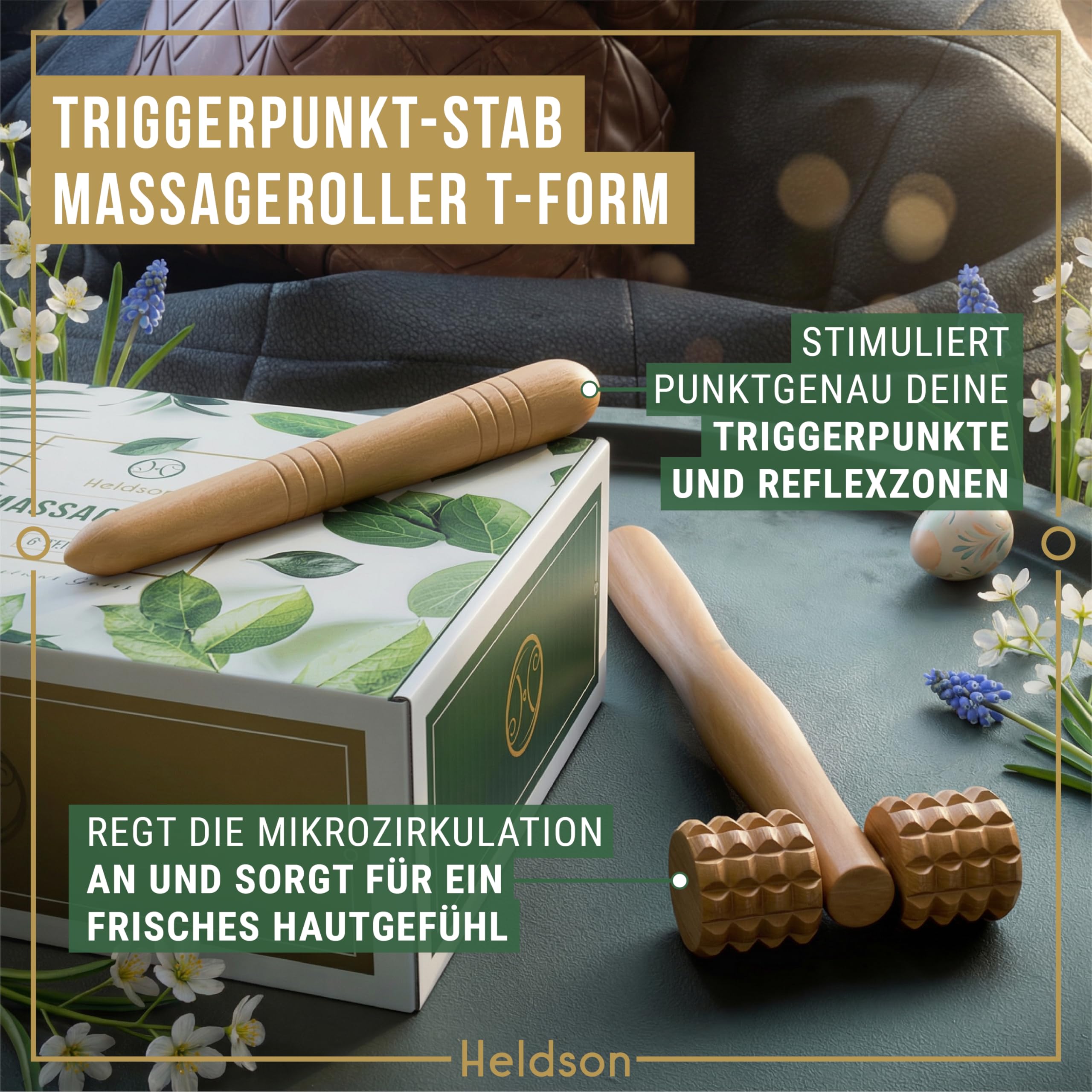 HELDSON® Massage Set Holz [6 Teile] FSC®100% - Diverse Massagegeräte & Massage Roller - Fußmassage, Kopfmassage, Triggerpunkt Drücker - Entspannung - Ostern Geschenke - Anti Cellulite, Stress