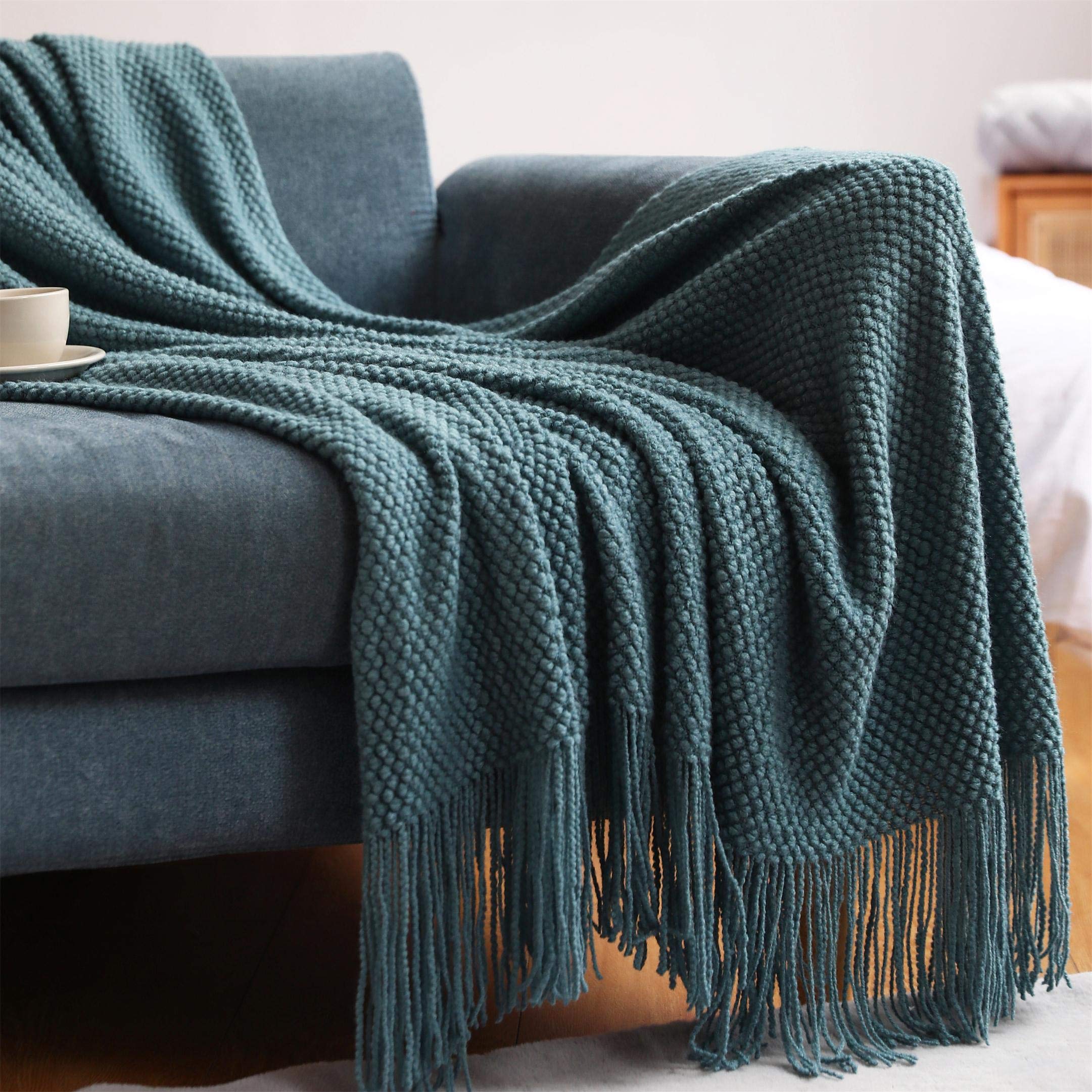 OliveSleep Knitted Throw Blanket Soft Cozy for Couch Chair Sofa Bed Cover, Decorative Blanket, (Morandi Blue, 127 x152cm) — image 1