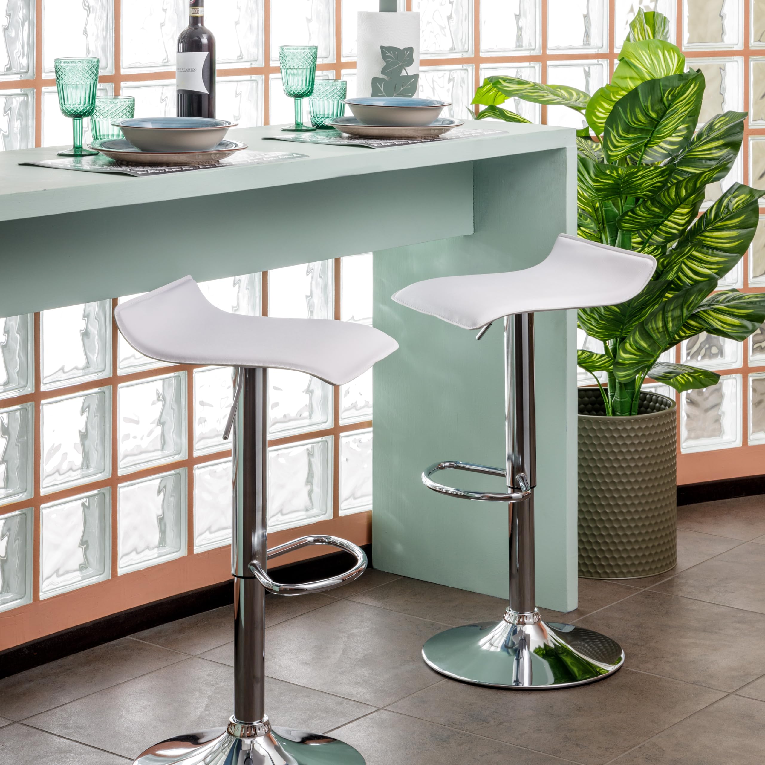 Baroni Home 2 Taburetes de Bar Giratorio con Altura Ajustable, Base Cromada con Reposapiés y Fondo Antiarañazos, Taburete de Cocina y Península, Fácil de Montar, 38x45x59-79 cm, Blanco 2 Piezas