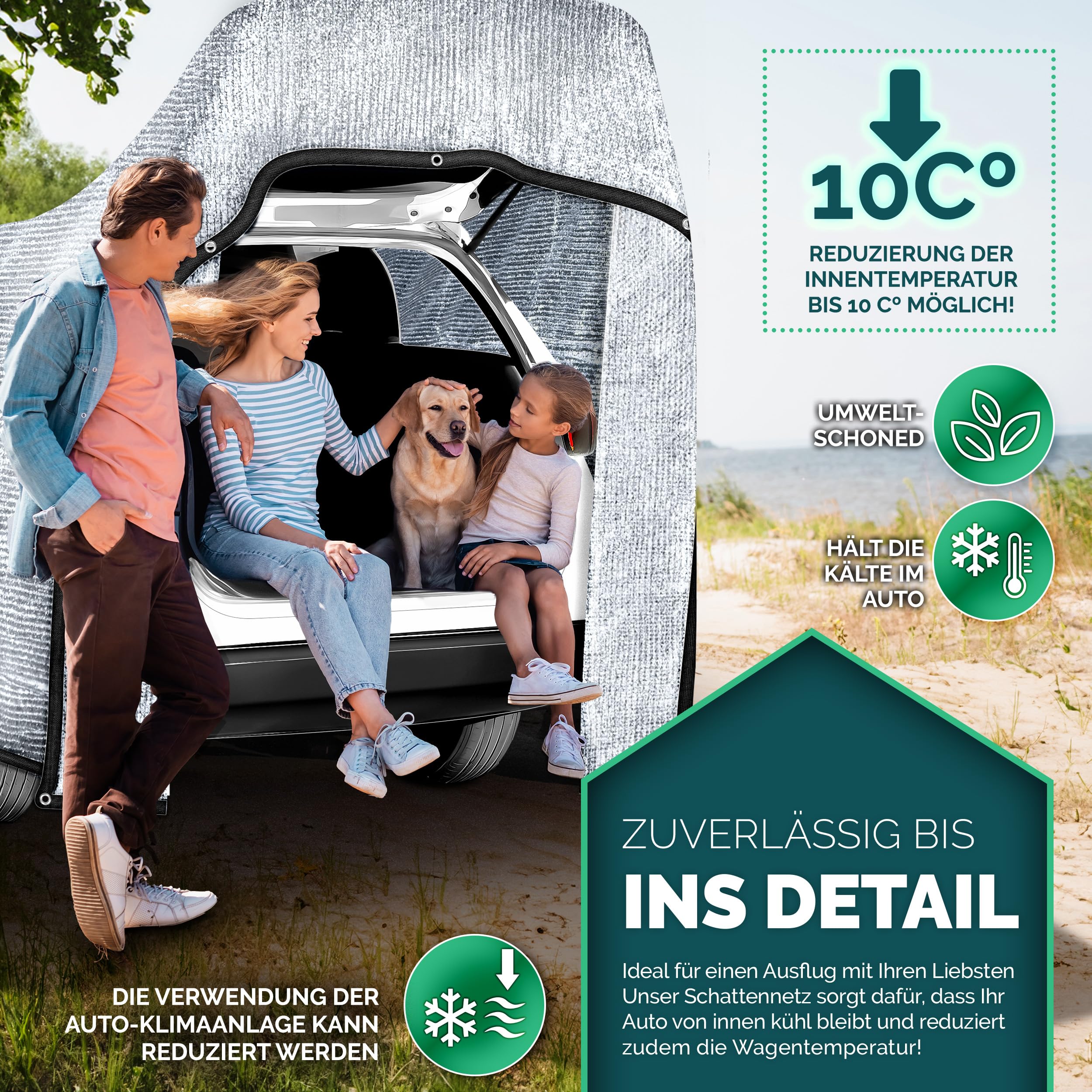 Schattennetz Auto 4x6 m | Alunetz Hund mit Ösen 80% UV | Alu Sonnenschutz für Camping & Urlaub | Sonnenschutznetz mit Befestigung | Hitzeschutz Aluminium luftdurchlässig