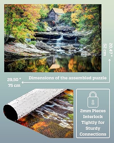 Miniatura 2 de Rompecabezas de 1000 piezas para adultos, molino de molienda escénica de otoño con cascadas, caja lista para regalo, letras en la parte posterior, 8