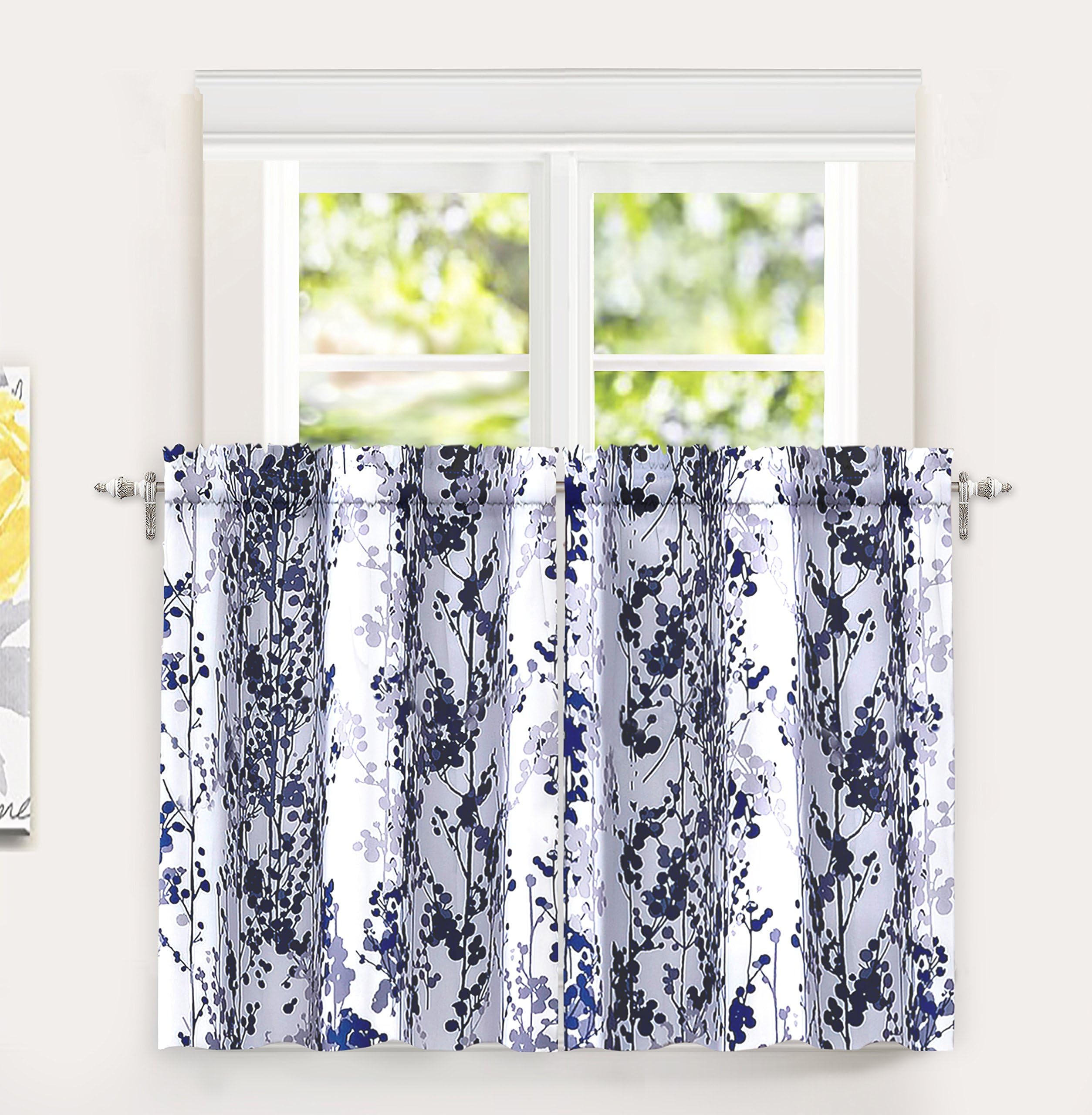 DriftAway Leah Abstract Floral Blossom Ink Painting Room Darkening Kitchen Tier Window Treatment 2 Panels Each Size 29 Inch by 36 Inch plus 2 Inch Header Navy Gray
